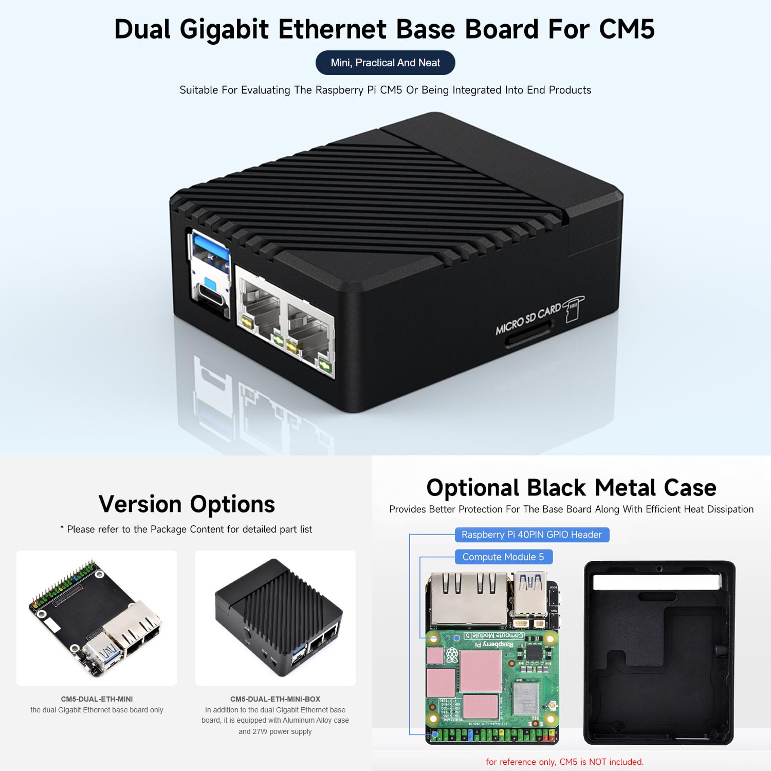 Waveshare Mini Dual Gigabit Ethernet Base Board, Mini-Computer Kit, Compatible with Raspberry Pi Compute Module 5 (NOT Included), for All Variants of CM5, Comes with Case and Power Supply