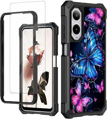 for Cricket Icon 6 Case,ATT Verge SL219A Phone Case with Glass Screen Protector,360 Full-Body Hard PC & Soft TPU Bumper Shockproof Protective Case for Cricket Icon 6-Blue Butterfly
