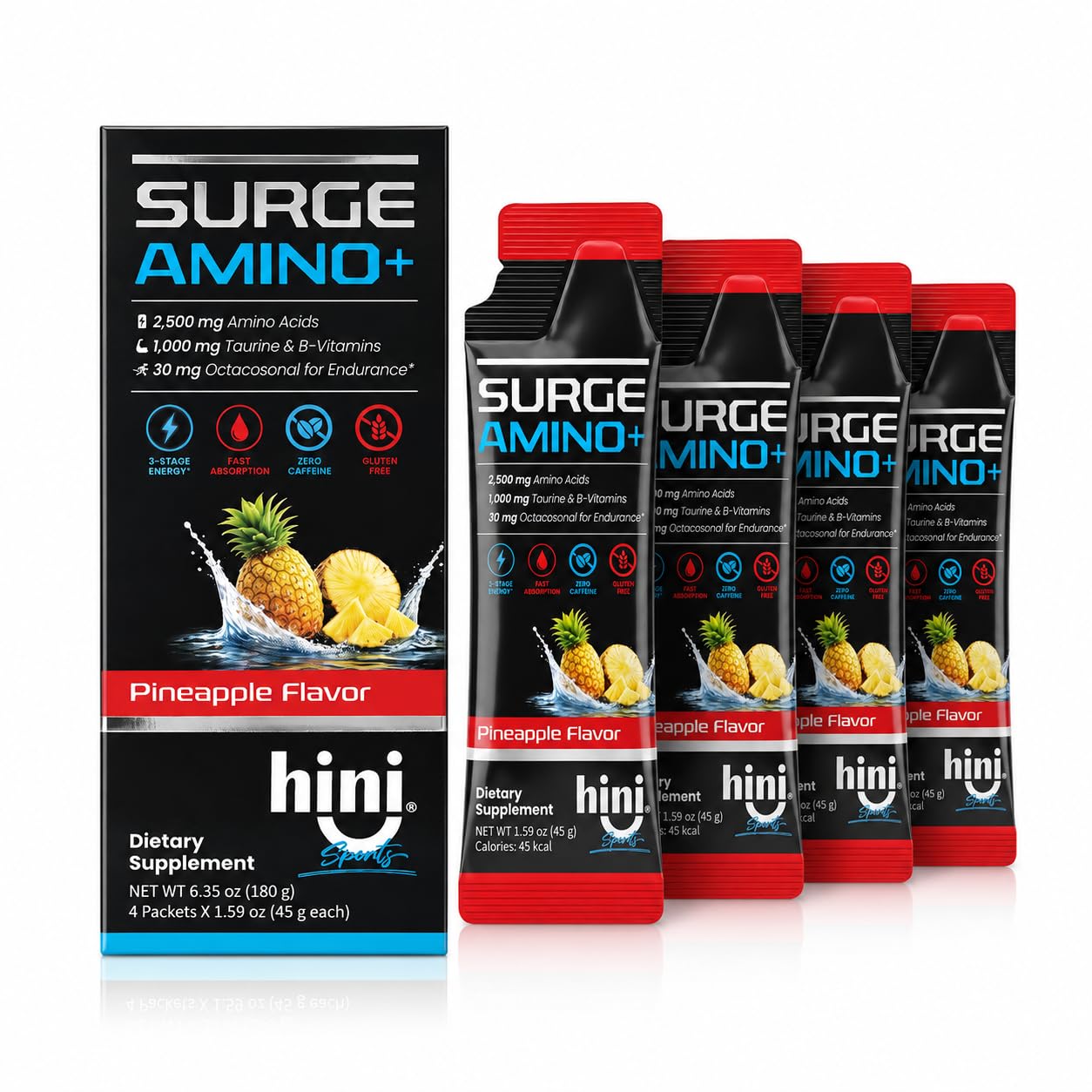 HINI Surge Amino+ Energy Gel, Pineapple Flavor, 4 Packets