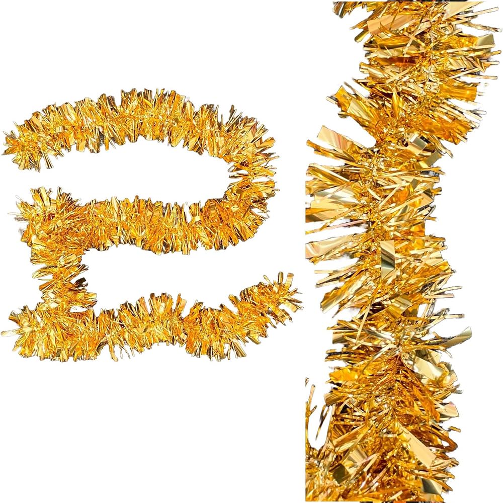 Concept4u Gold Tinsel Garland For Decoration 2 Meter Christmas Tinsel Garland Fluffy And Shiny Tinsel For Xmas Tree Backdrops Wall Garland Tree Indoor And Outdoor Décor.