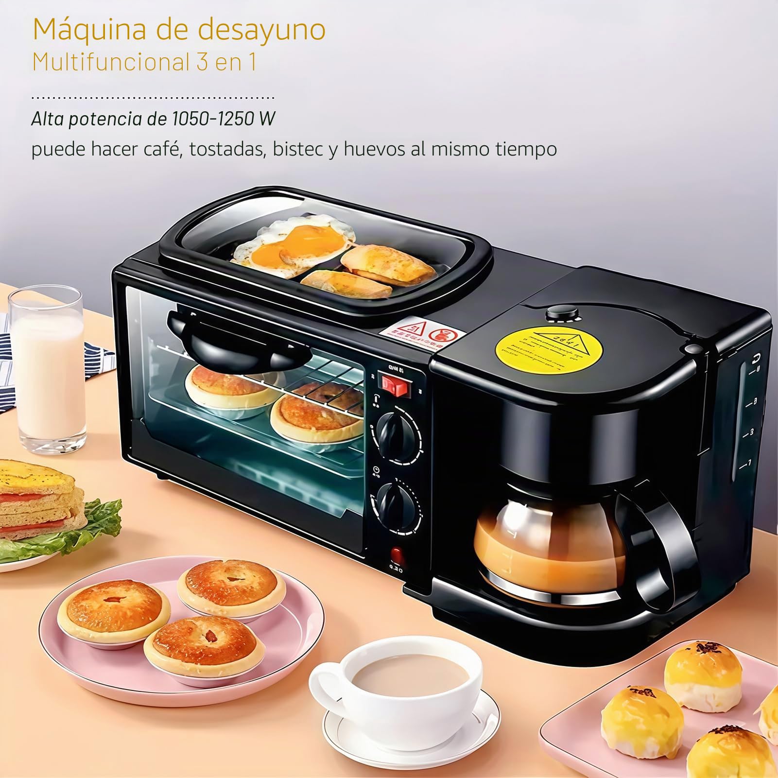 Estación de desayuno 3-en-1 Cytbek con cafetera, horno tostador y plancha, negro