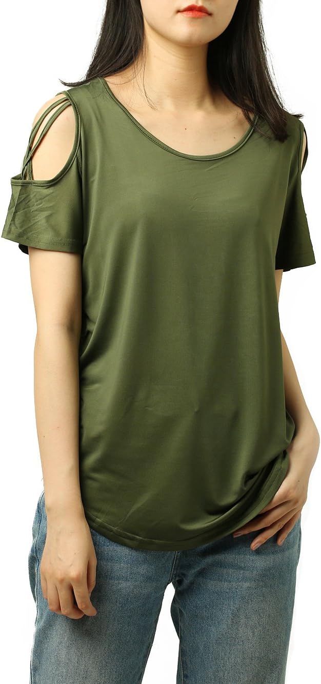 PAAZA Womens Criss Cross Casual Loose Cold Shoulder Tops and Blouses Basic T Shirts