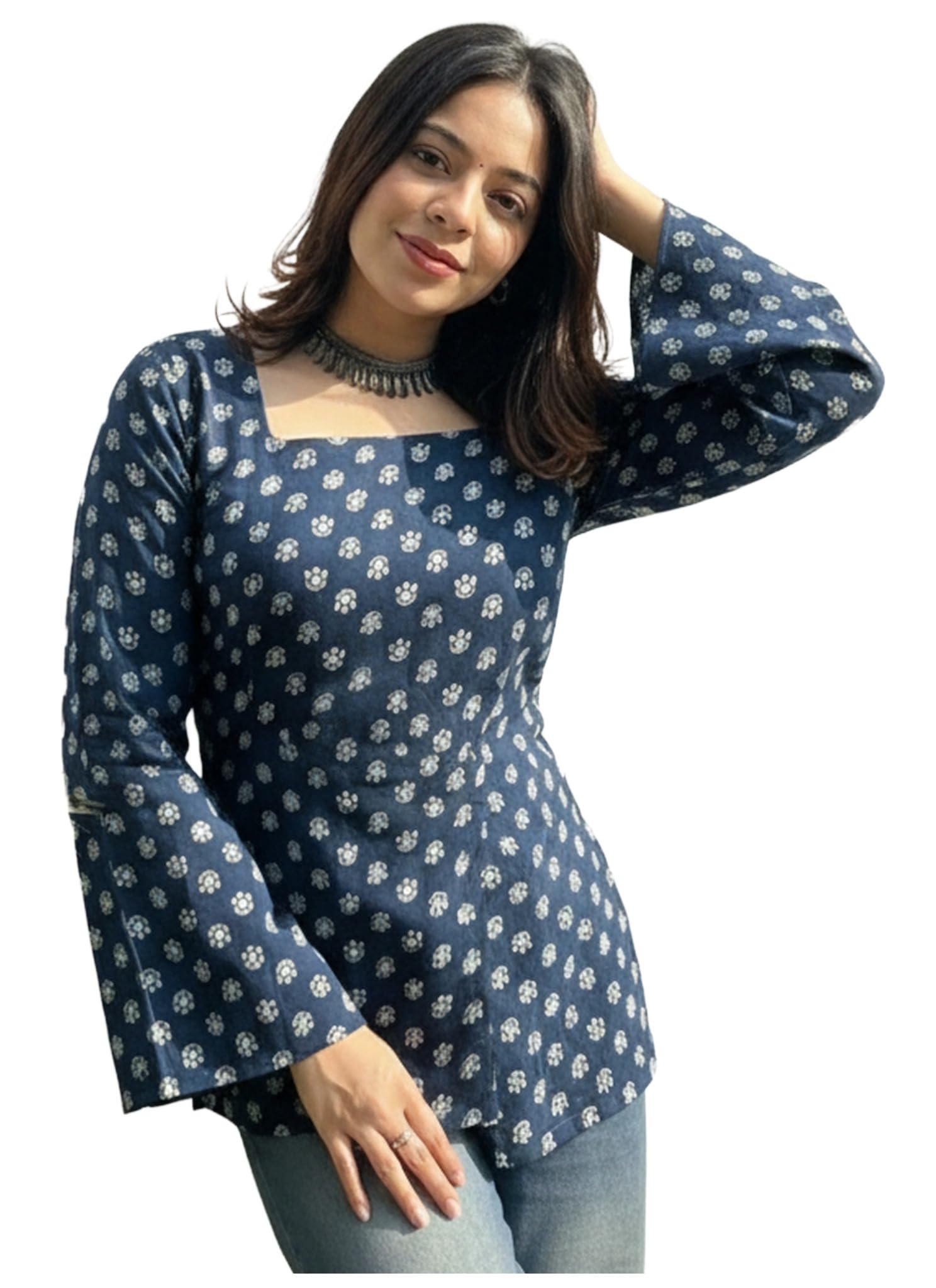 ANNI Designer Women’s Viscose Blend Printed Short Kurti | Straight Fit Casual Ethnic Top | Square Neck 3/4 Sleeve Kurta Office College