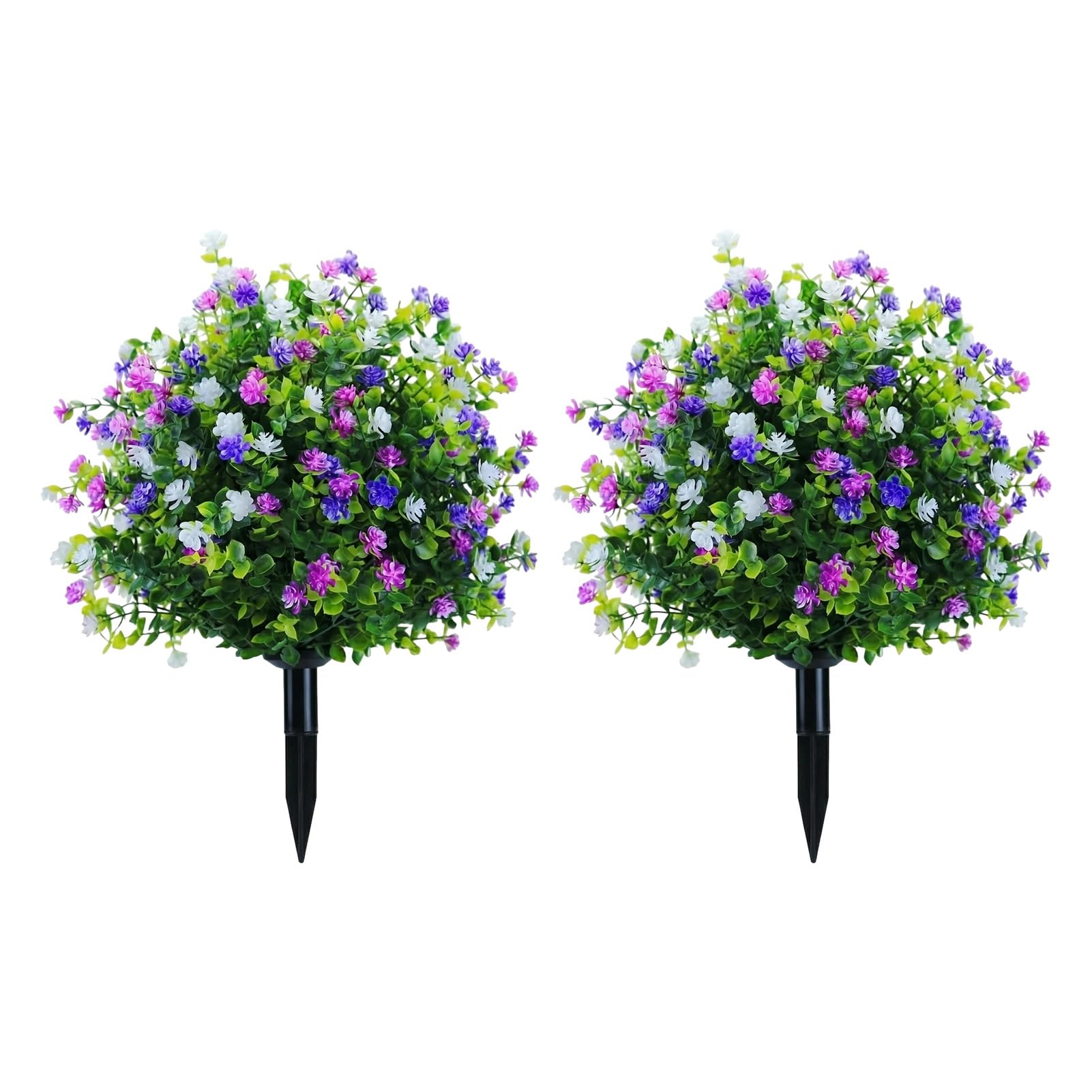 ZhzeYun Artificial Topiary Balls with Ground Spike, 45cm UV Resistant Fake Flower Shrubs, Evergreen Faux Plants with Purple White Flowers, for Outdoor Garden Porch Cemetery Indoor Decor 2pcs