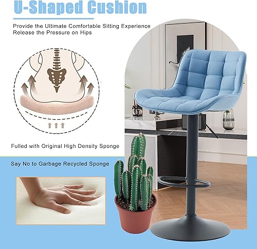 Miniatura 7 de YOUTASTE Juego de 2 taburetes de bar azules de altura de mostrador con respaldo, taburetes de bar tapizados de piel sintética, sillas de bar
