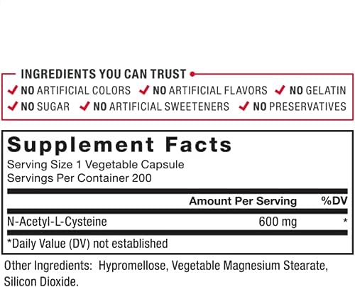 Miniatura 6 de FORCE FACTOR NAC 600 mg, N-acetil cisteína para la salud hepática, apoyo inmunológico y producción de antioxidantes, dosis clínicamente estudiada,