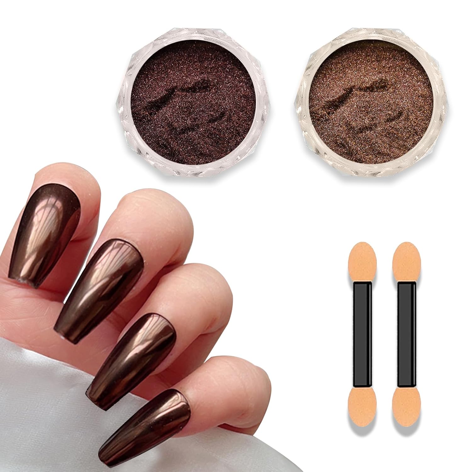 2 Pcs Nail Chrome Powder Set, Copper Brown Chrome Nail Powder Mirror Metalic Effect for Nails Home Nail Art (Brown, M)