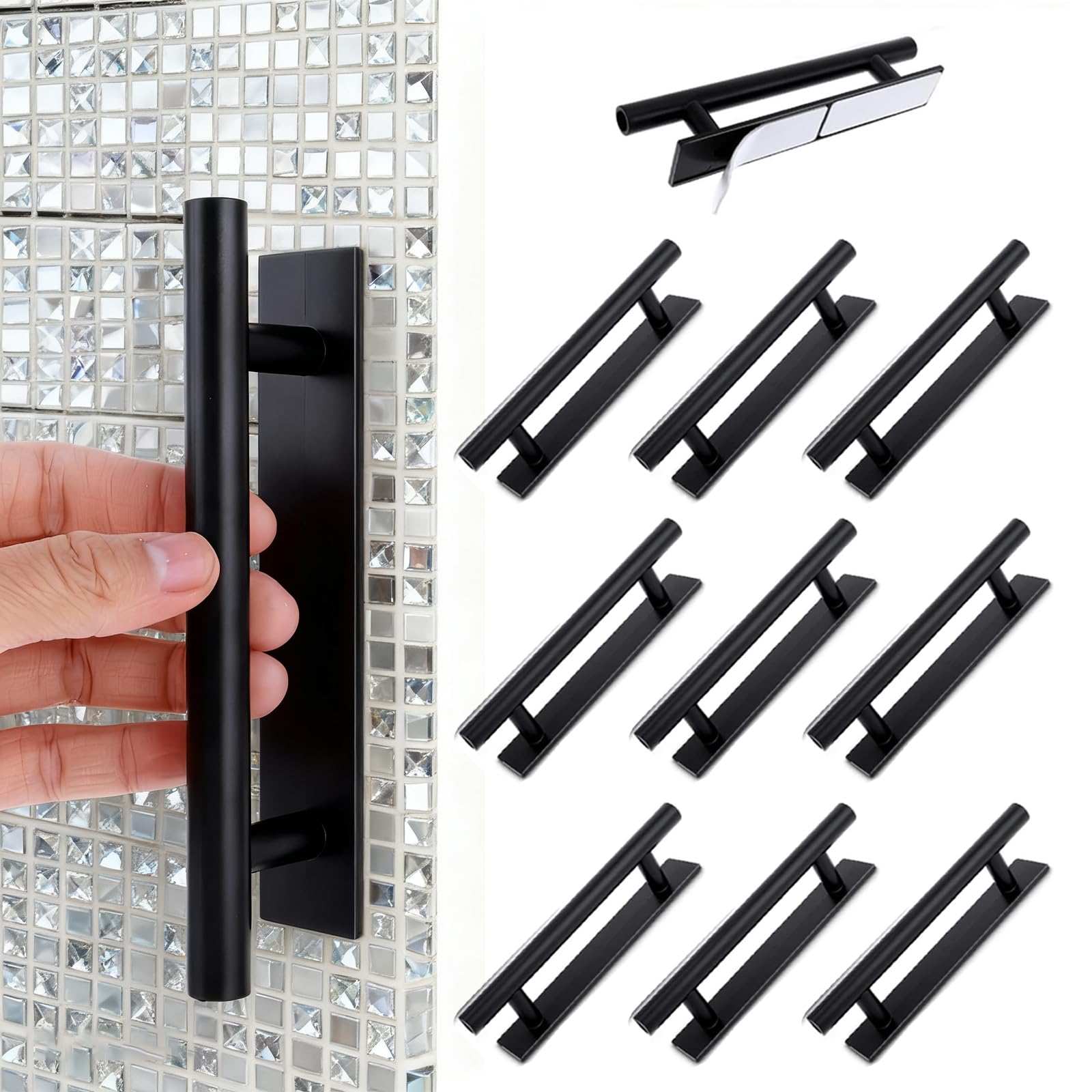 10 PCS Adhesive Cabinet Handles, Self Stick Door Handles ABS Plastic Pulls Push Peel and Stick Pull Helper Drawer Pulls No Drill Design Stick on Handle for Cabinet Wardrobe Furniture Door (Black)