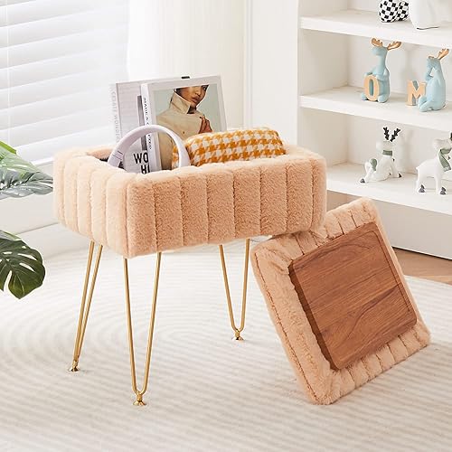 Wimarsbon Otomana de almacenamiento de piel de visón sintético, taburete suave moderno, banco de almacenamiento con patas de metal, asiento de