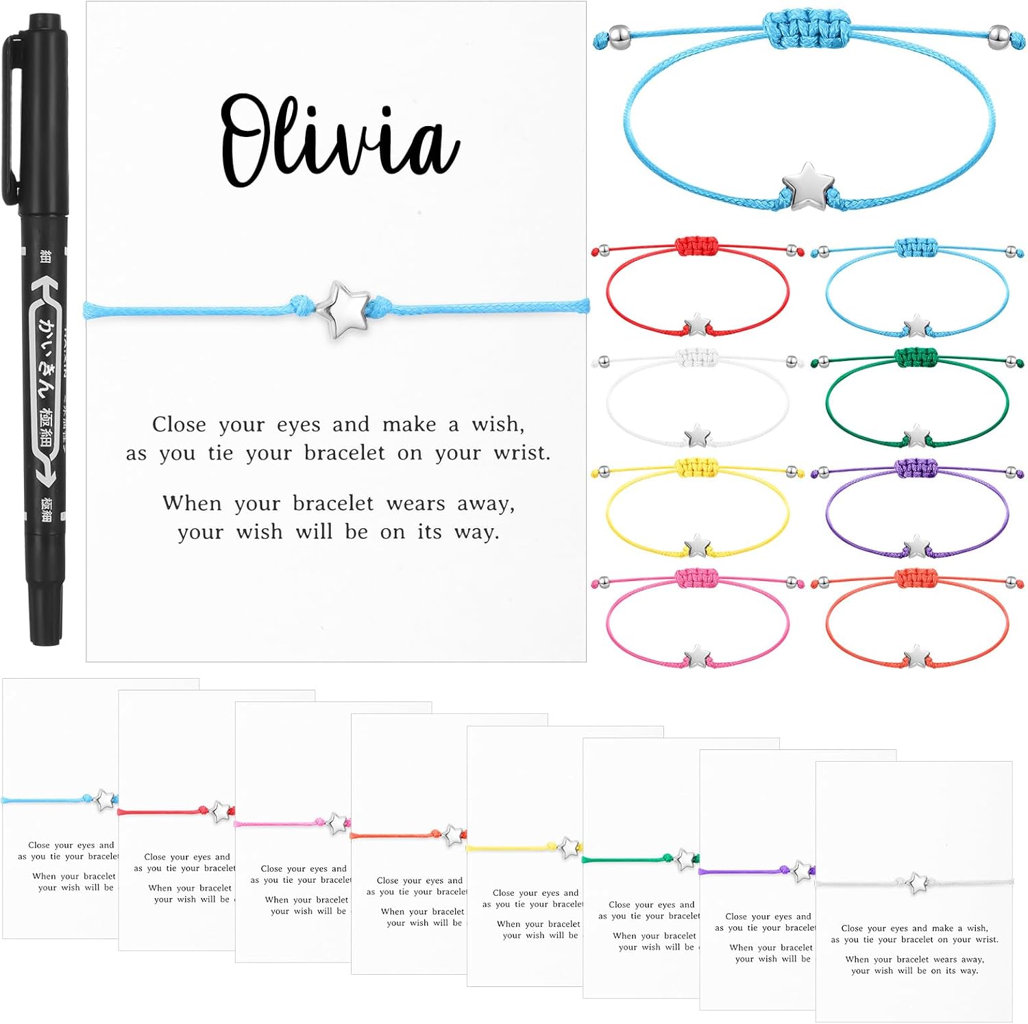 Misdary 16 Set Birthday Bracelets Gifts Personalized Wish Bracelet Adjustable Star Friendship Bracelet DIY Name Make a Wish Cards with Pen Jewelry Birthday Gift for Friends