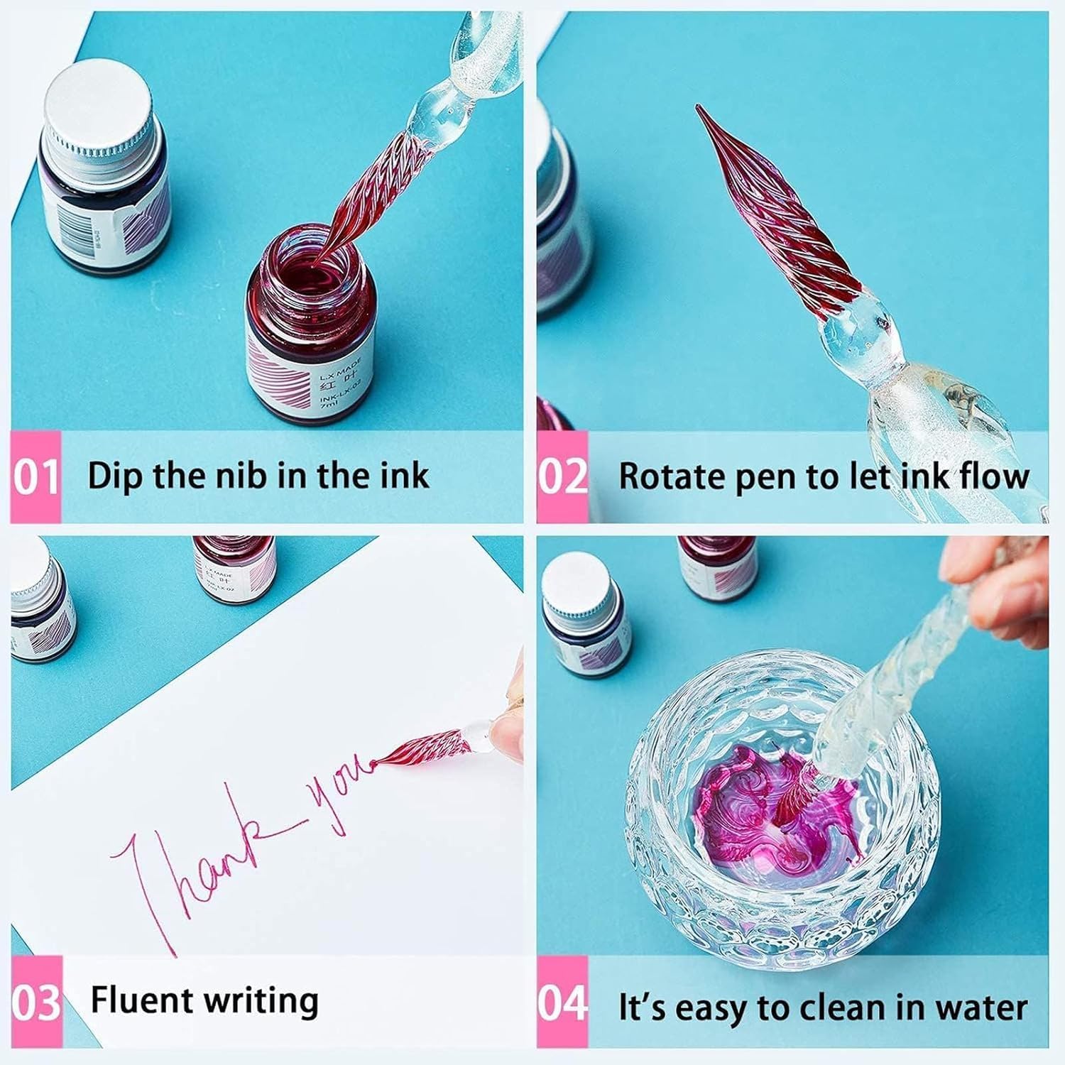 PIXORA Crystal Glass Dip Pen and Ink Set, 12 Colorful India Ink Bottles, Calligraphy Pen for Art, Painting, Writing, Decoration, 13 Pieces 4