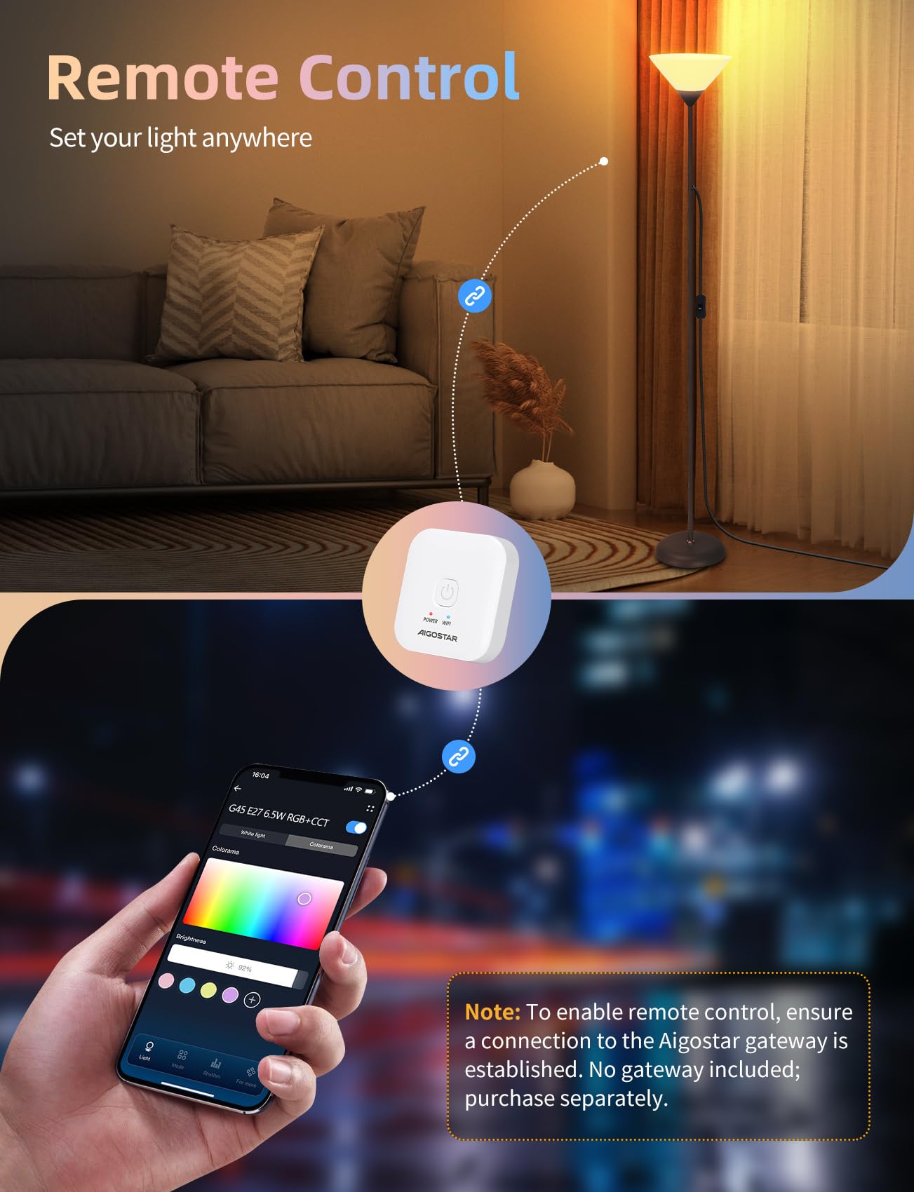 Aigostar Lámpara de Pie Moderna, con Mando a Distancia y Bluetooth Mesh G45 E27 Bombilla LED RGB & 2700K-6500K, Lámpara de Pie Regulable, Compatible con Alexa, 175 cm