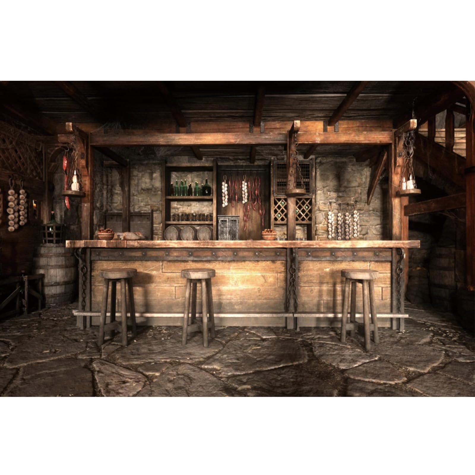 Western Cowboys Backdrop 8x6ft Old Rustic Farmhouse Kitchen Inn Restaurant West Old Saloon Bar Photography Background Wooden House Counter Tables