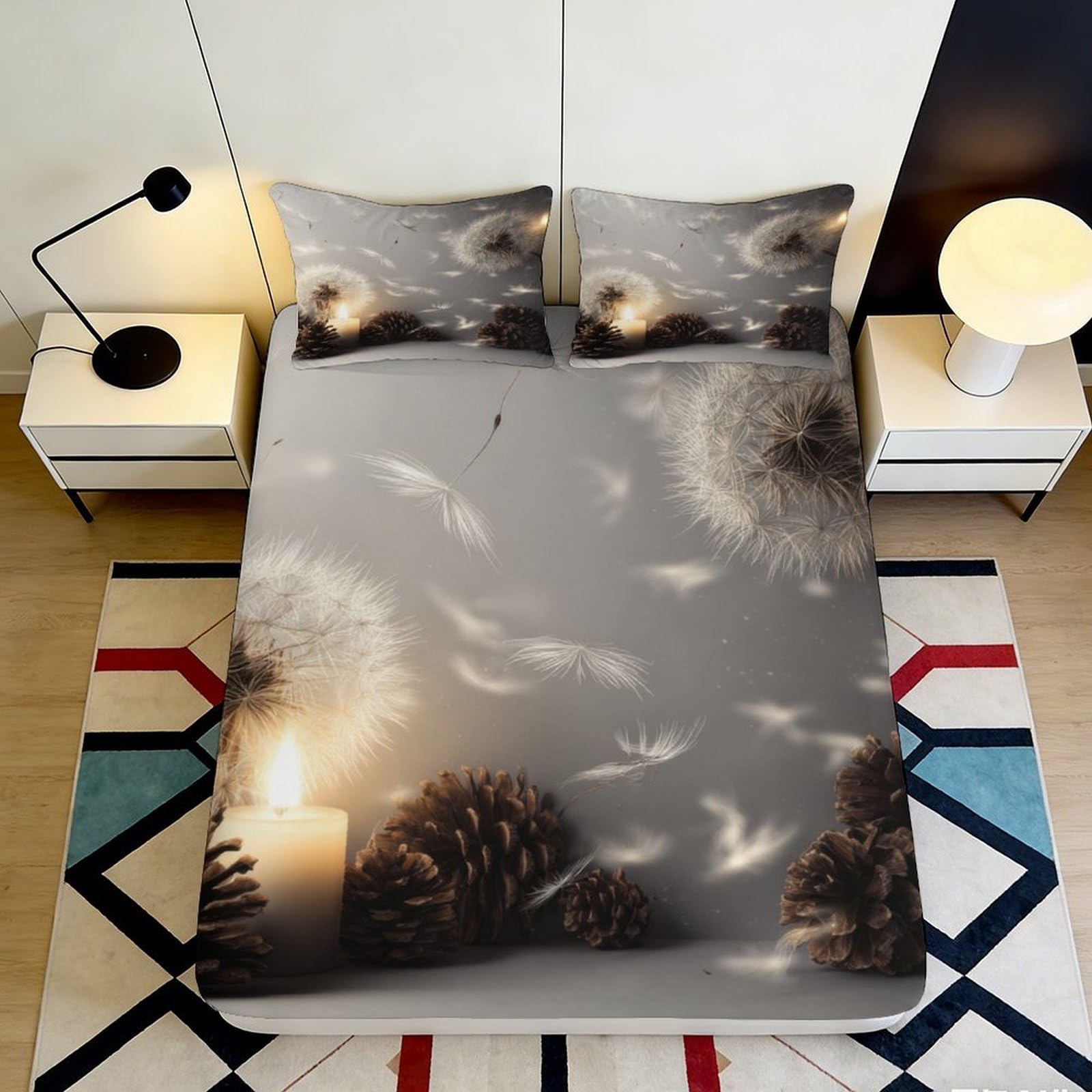 3D Printed Dandelion Candlelight Fitted Sheet Microfiber Soft Breathable Pinecone Bed Cover for Bedroom Dormitory Guest Room Mattress Protection Decor 200x200x25cm