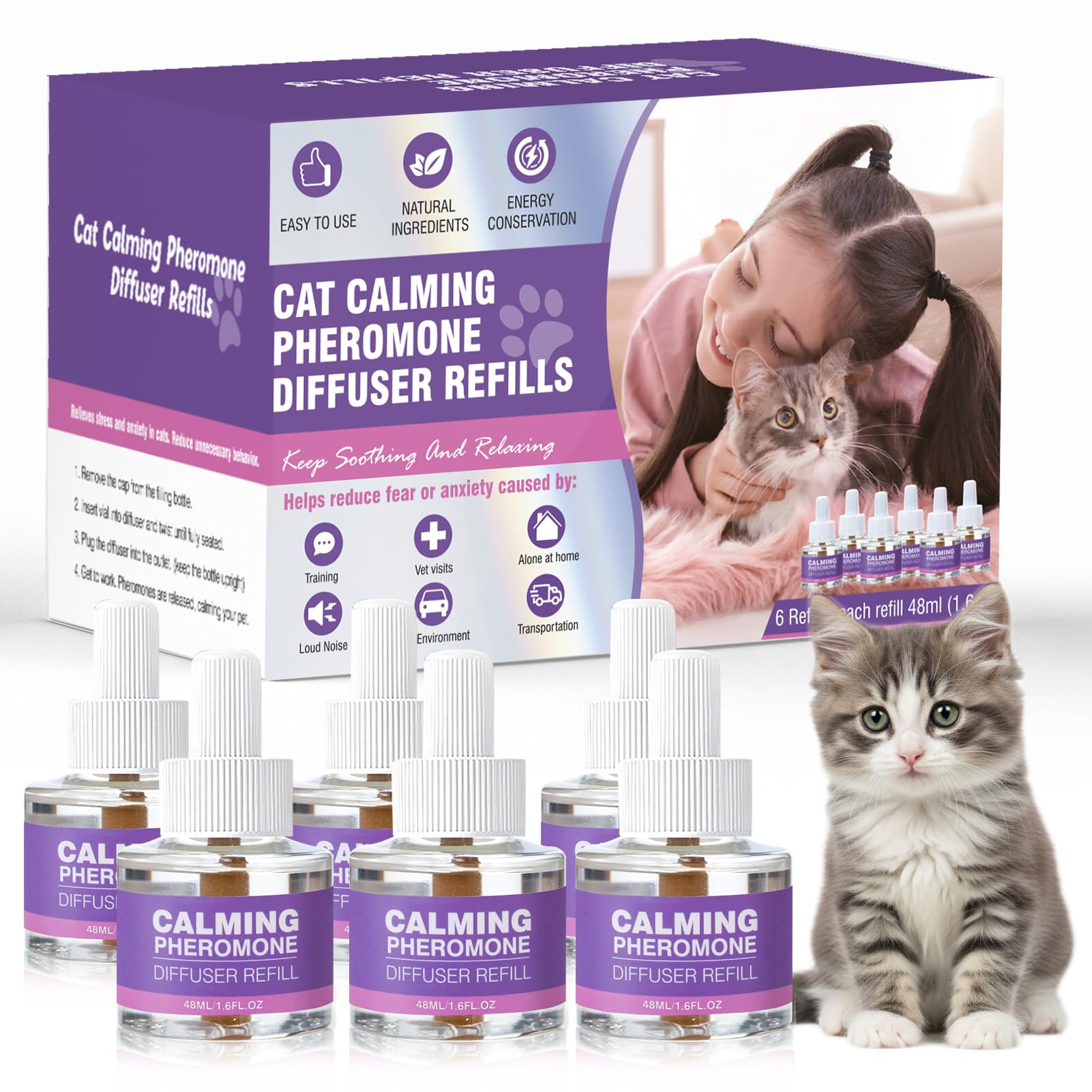Cat Pheromones Calming Diffuser Refills 6 Packs, Calm Cat Pheromone Diffusers Refill Multicat Plug in Diffuser Relaxants for Cat Anxiety and Stress