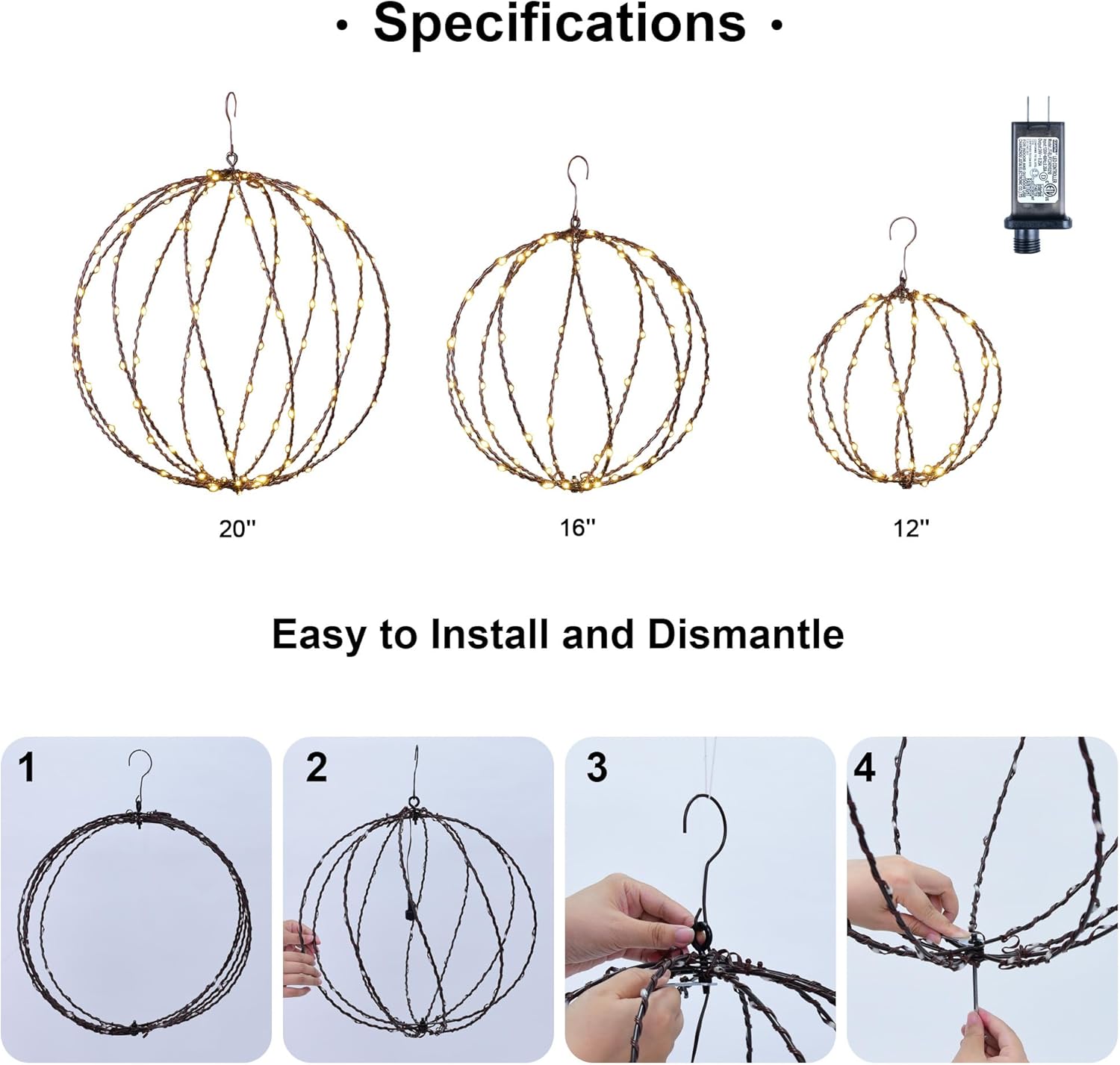 LIGHTSHARE 248LED 12IN+16IN+20IN Light Ball Yard Decoration Pathway Lights Brown Sphere Light Fold Flat Metal Frame Indoor Outdoor Waterproof Garden Lights, Plug in(Set of 3)