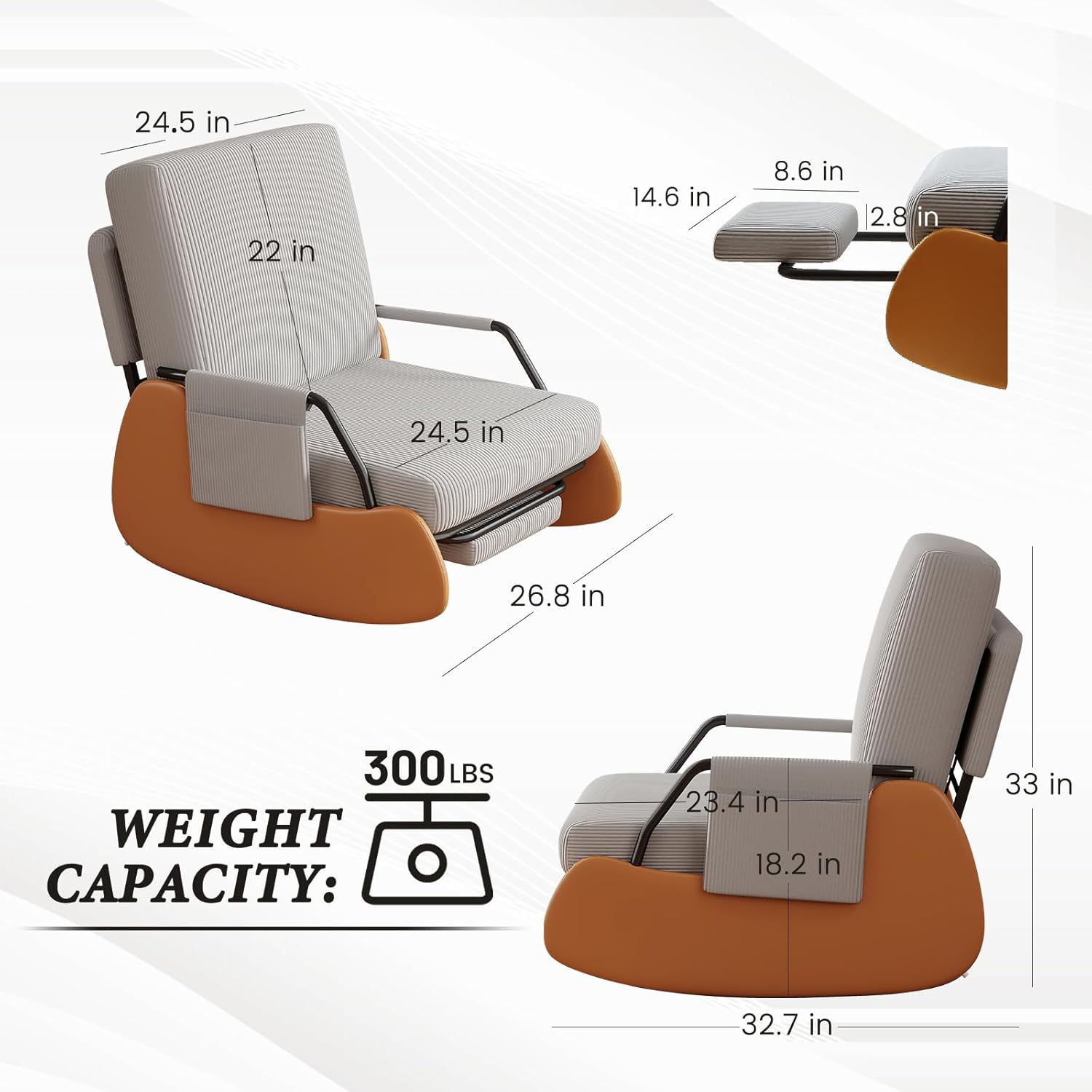 Furniliving Modern Glider Rocking Chairs, Adjustable Recline Accent Lounge Chair with Retractable Footrest, Comfortable Upholstered Reading Gaming Chair for Living Room, Bedroom, Grey.