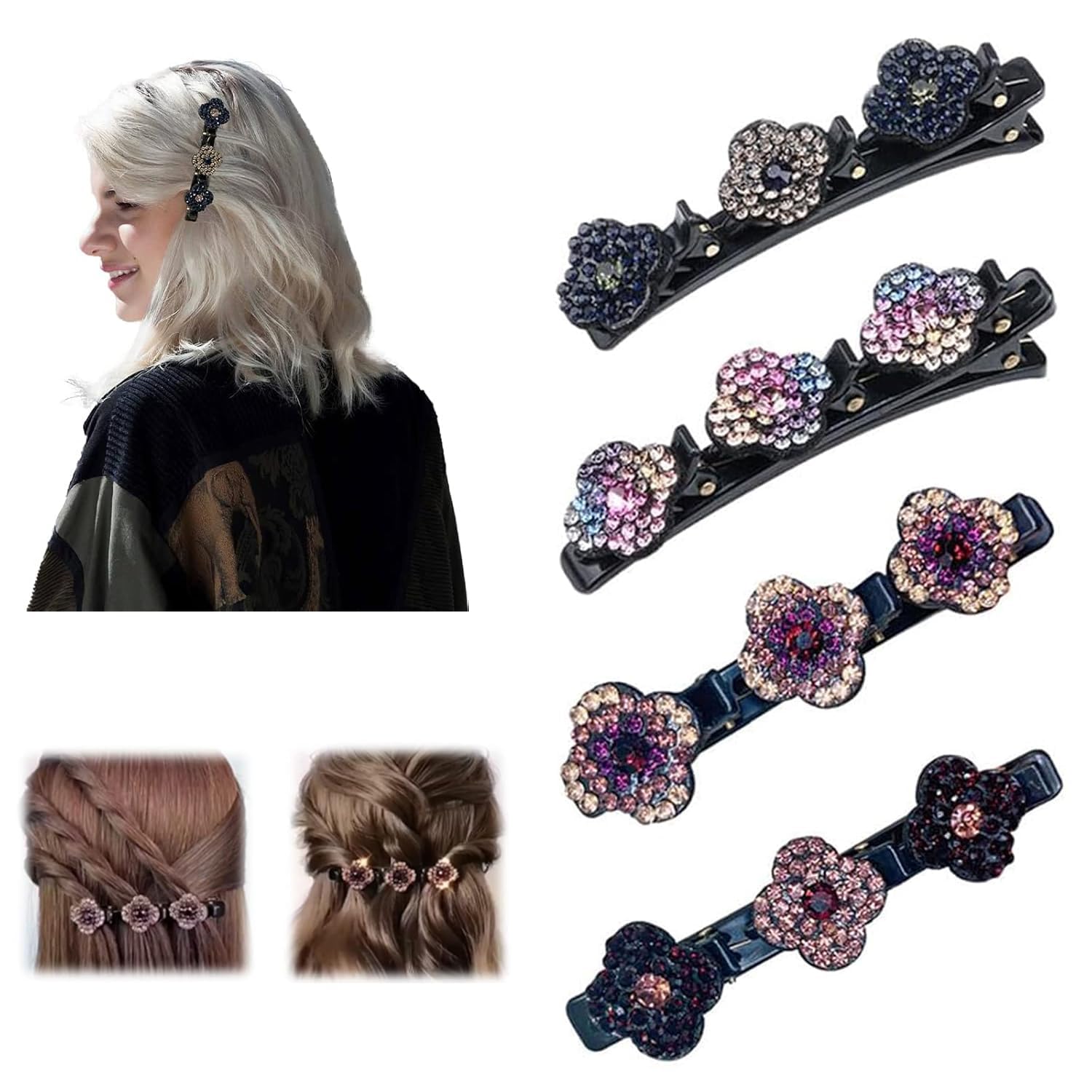 Photo 1 of Crystal Flower Hair Clips Set, Black Metal Barrettes with Rhinestones, 4 Pieces, Decorative Hair Accessories for Women, Braided Style
