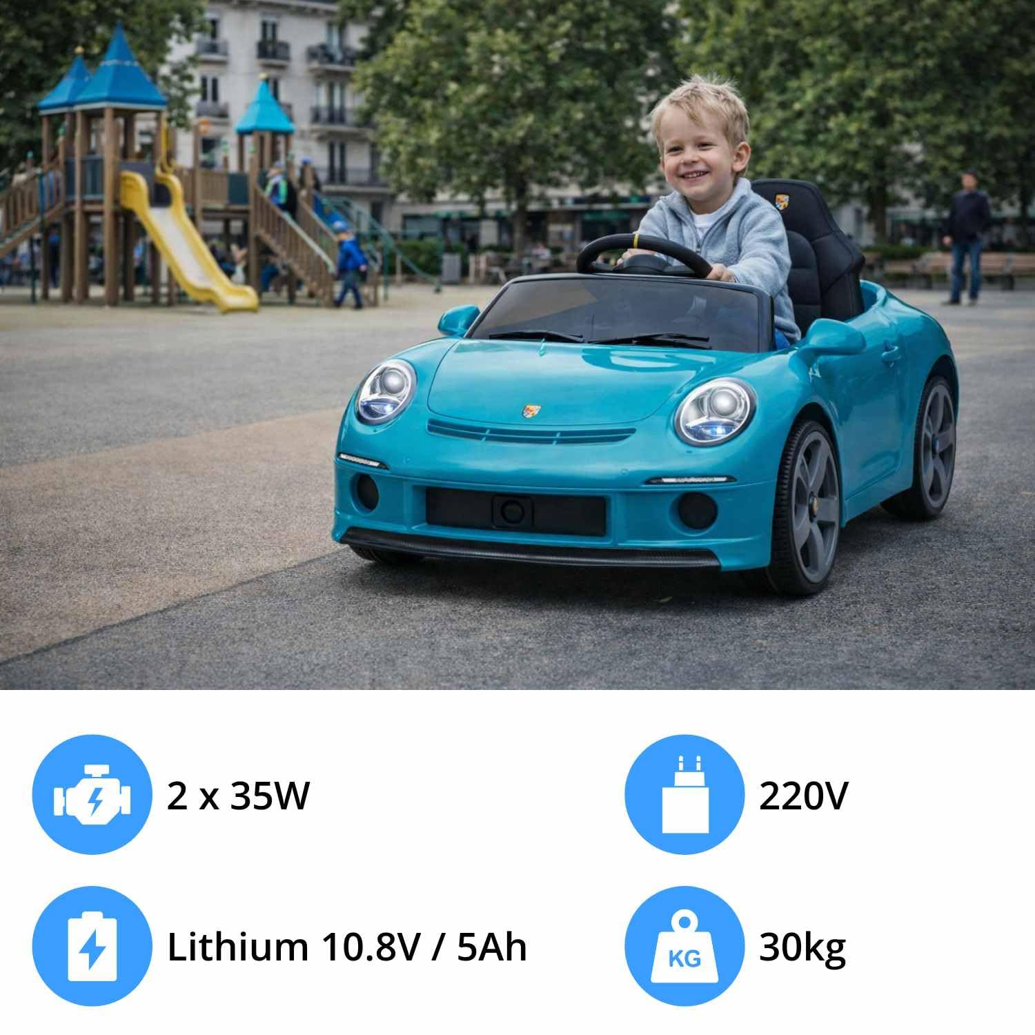 Samochód elektryczny RUF GT 12V, niebieski, otwierane drzwi, pilot 2,4 GHz, przednie i tylne reflektory LED, wejście USB/Aux, akumulator litowy, 2 silniki 35 W, oryginalna licencja