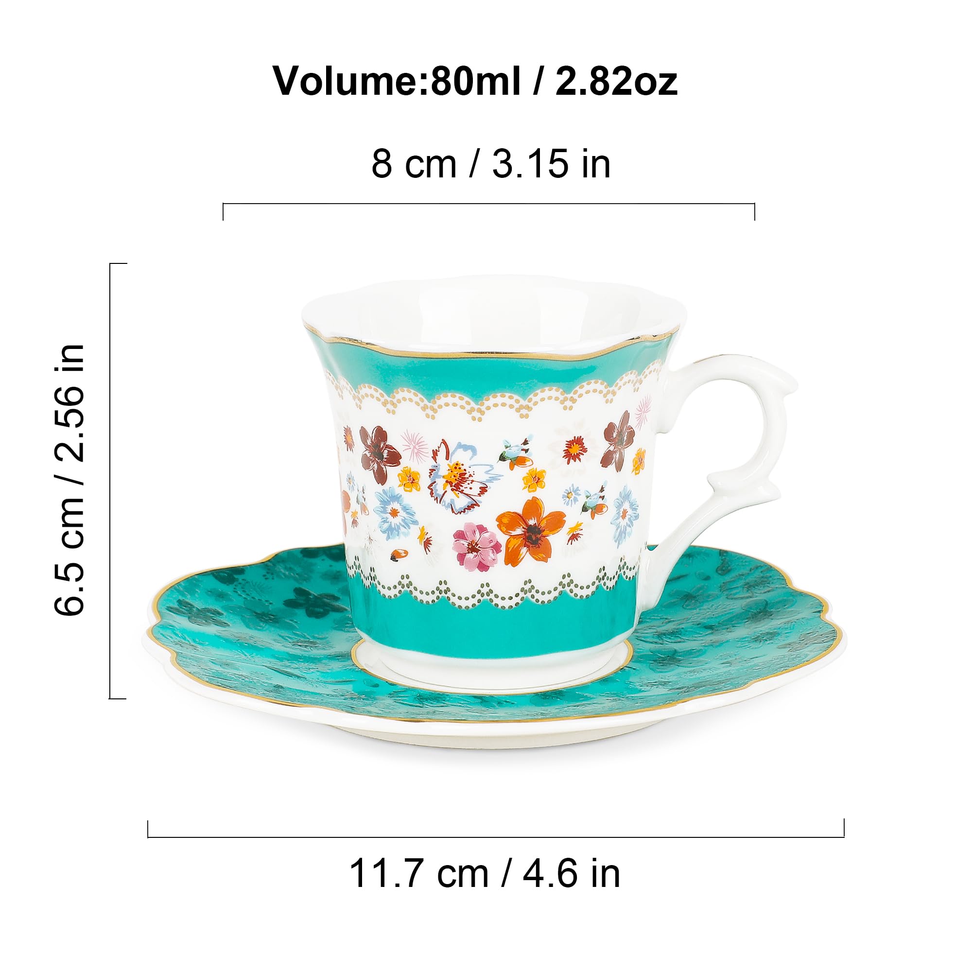fanquare Filiżanki do espresso w stylu vintage, zestaw 6 sztuk, 12 sztuk, ceramiczne filiżanki do espresso i spodki, zielone i kwiatowy wzór, filiżanki do espresso do domu