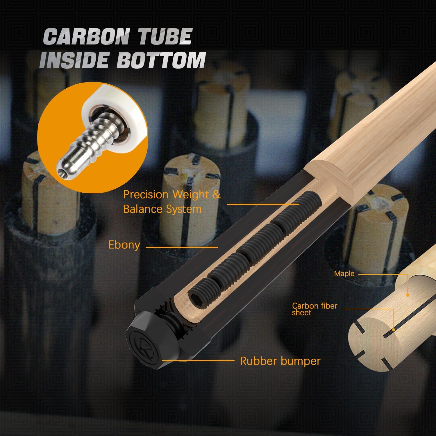 KONLLEN 3 Cushion Carom Cue Professional Carbon Fiber Pool Cue Stick Low Deflection 56-inch Radial Pin Joint Inlaid Ring with 12mm Tip for Adults