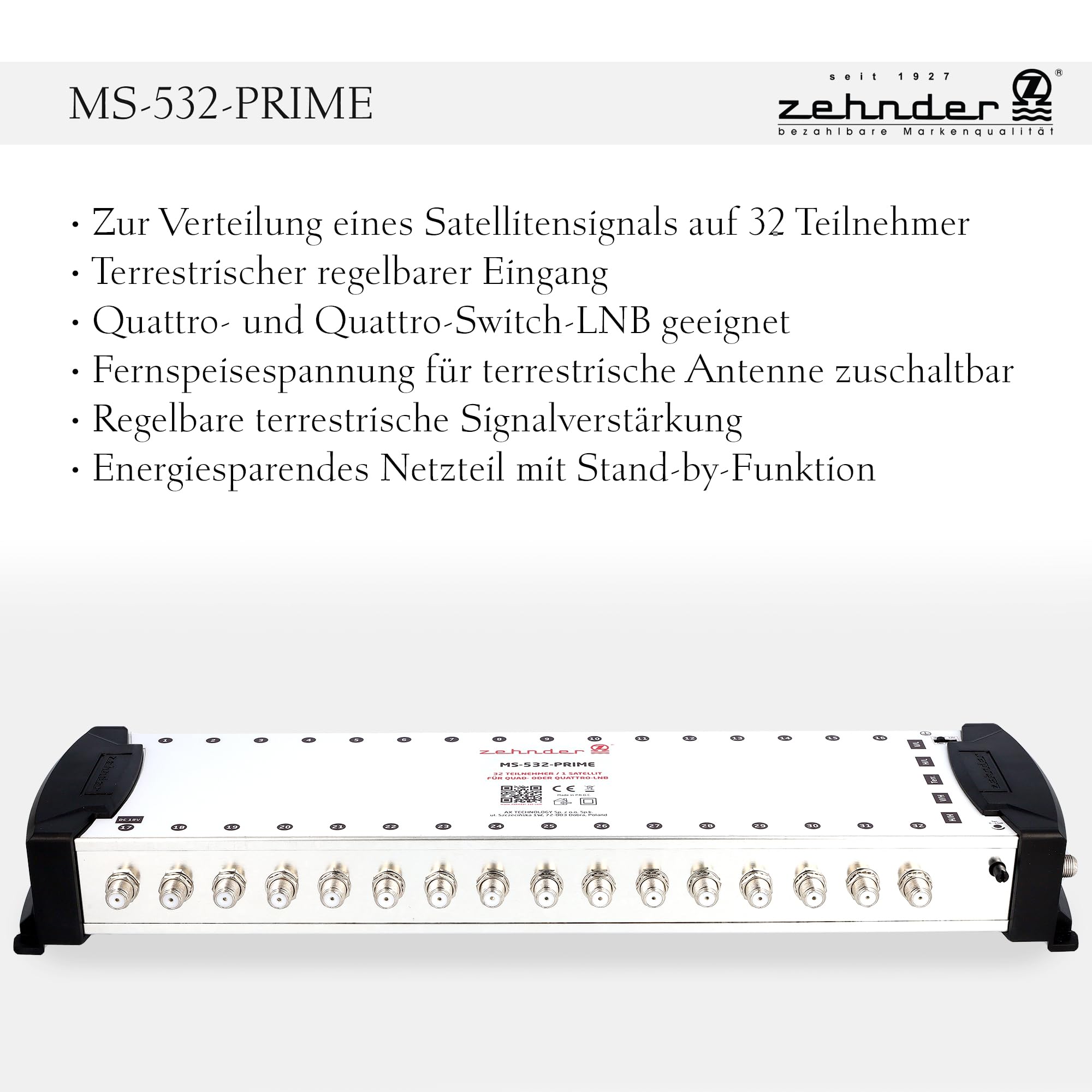 ZEHNDER 5/32 - Multiconmutador ZEHNDER 5/32 para LNB Quattro y Quad LNB, multiswitch para 1 satélite y 32 participantes (TV, receptor de satélite), 4K Digital Matrix Sat Distribuidor de antena de