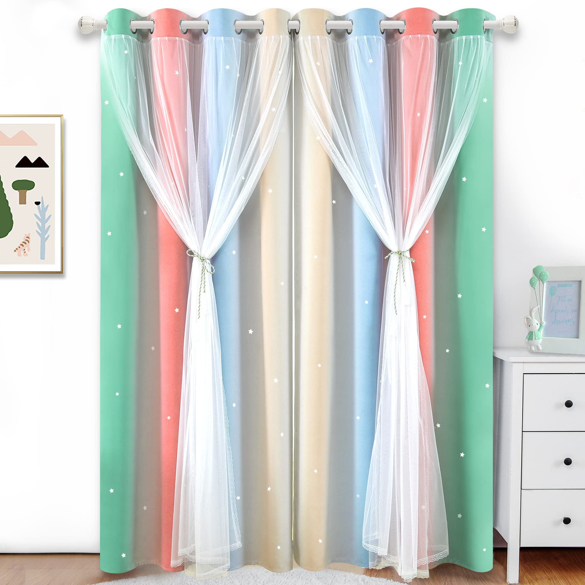 Cortinas de dormitorio infantil con diseño de estrella arcoíris – Cortinas de 2 capas con aislamiento térmico para sala de estar, beige/azul, 52 pulgadas de ancho x 84 pulgadas de largo, 2