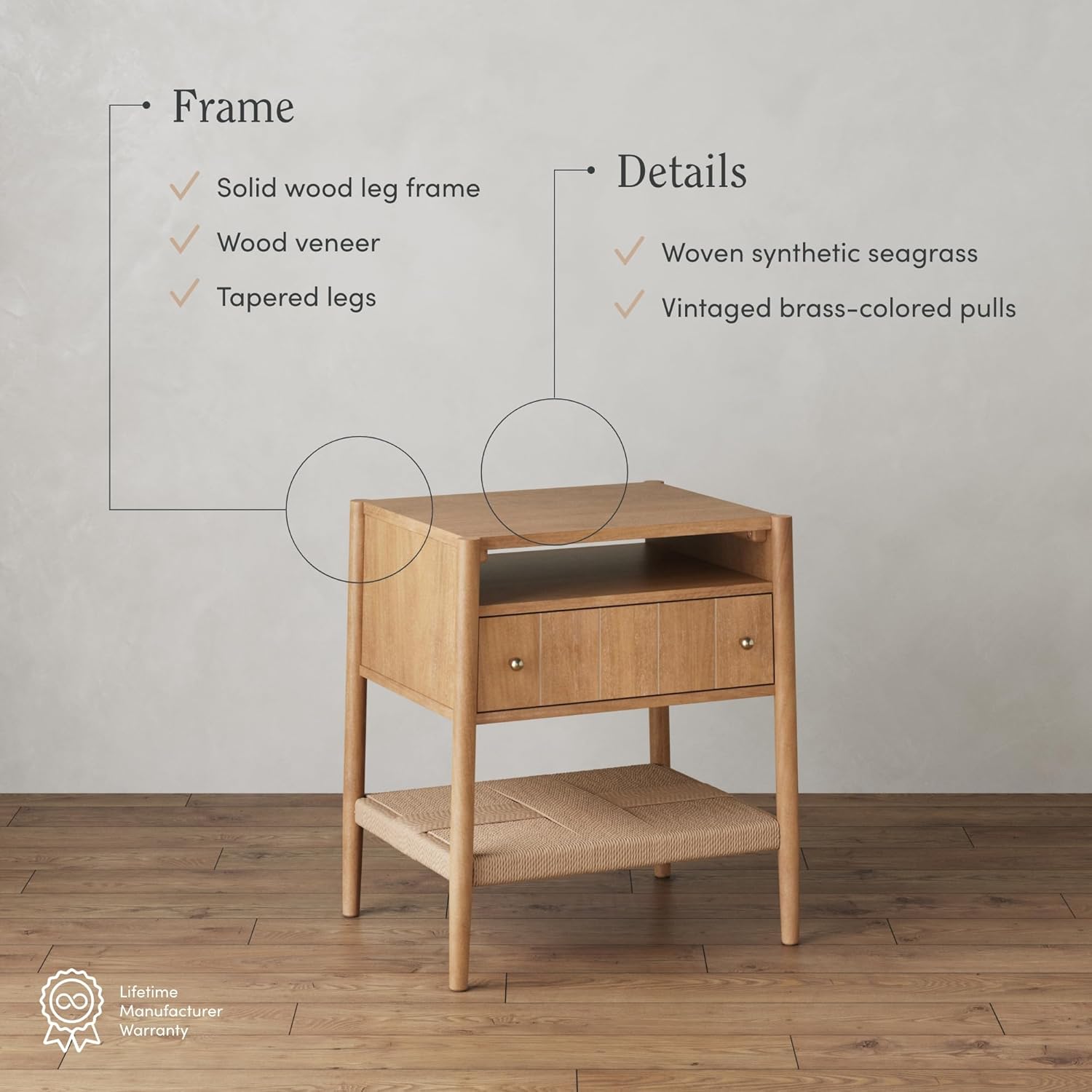 Nathan James Meads Wood Nightstand with Drawer, Vintage Nightstand with Seagrass Storage and Brass Handles, Light Brown
