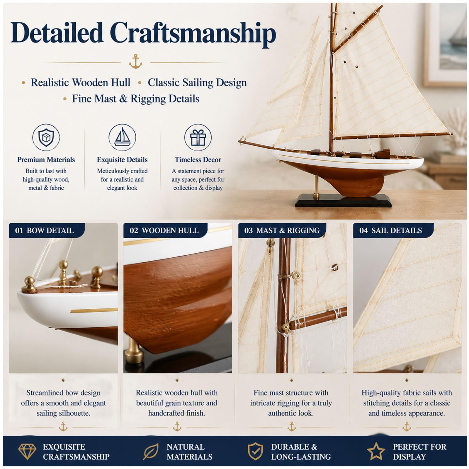 YLME Modello di Barca a Vela d'Epoca Ornamento in Legno a Forma di Barca a Vela | Decorazioni nautiche e marittime per soggiorno, ufficio, mensole, regalo per gli amanti della vela
