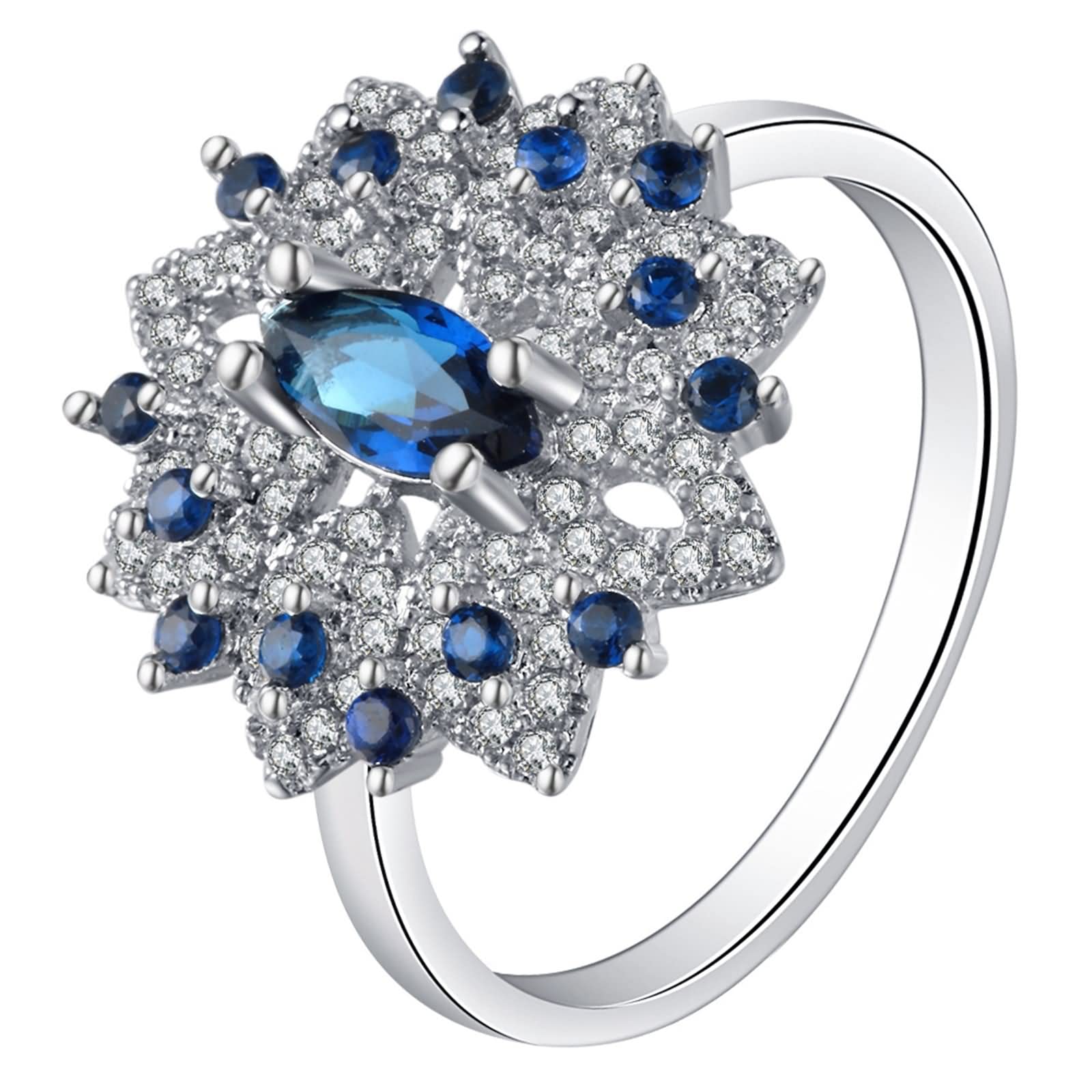 Aotiwe Wedding Rings Set, Best Friend Ring Flower Hollow with Blue Marquise Cubic Zirconia Silver Blue