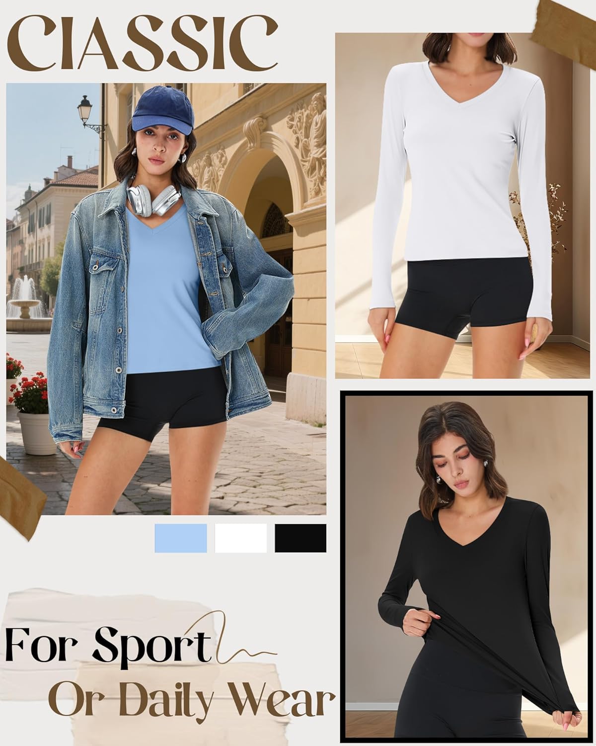 3 Pack Women's Long Sleeve V Neck Shirts Compression Yoga Athletic Tops Slim Fit Running Tees Workout Undershirts
