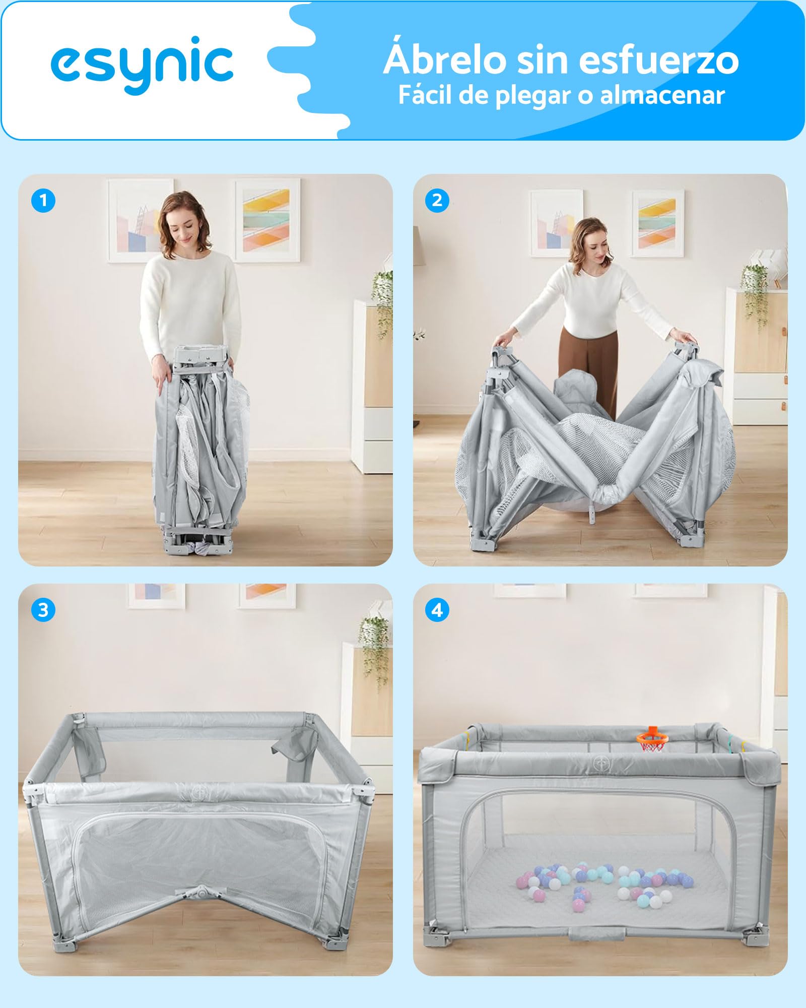 eSynic Corralito Bebé Portátil 127x127cm, Parque Infantil Plegable con Alfombrilla + 50 Bolas, Canasta Baloncesto, Malla Transpirable, 4 Agarraderas y Bolsa Transporte - Juegos Seguros para Bebés