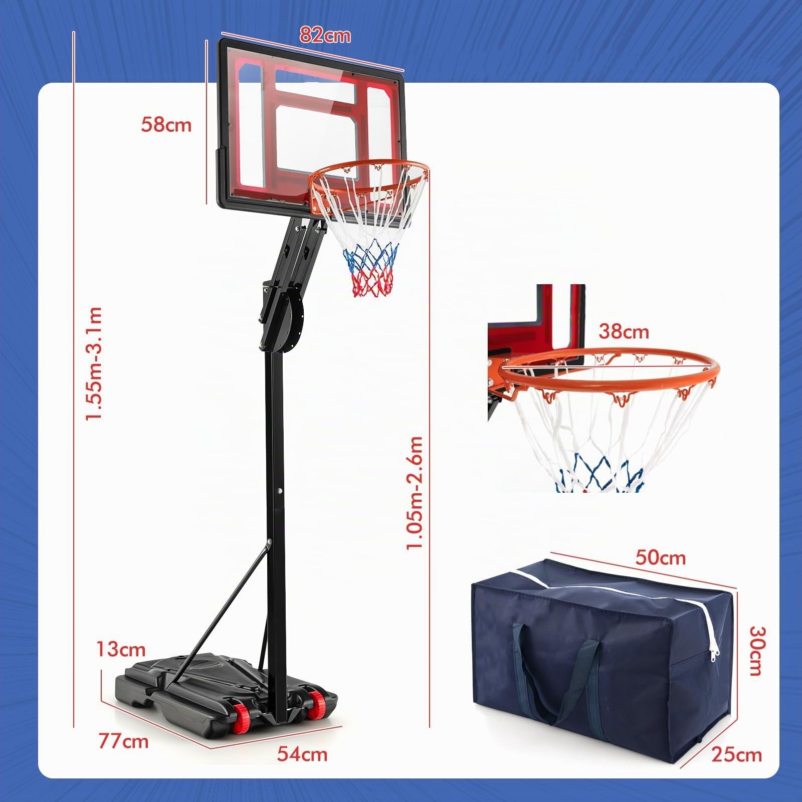 LIFEZEAL Cesto Basket da Esterno per Bambini e Adulti, Canestro Portatile con Tabellone e Ruote, Regolabile in Altezza da 1,55M a 3,1M, Pallacanestro Sportivo da Interno con Borsa