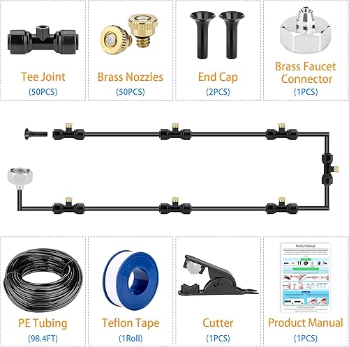 Miniatura 7 de Sistema de refrigeración por nebulización de 98.4 pies (98.4 ft) + 50 boquillas de niebla de latón + 50 conectores en T + 1 adaptador de grifo (3/4