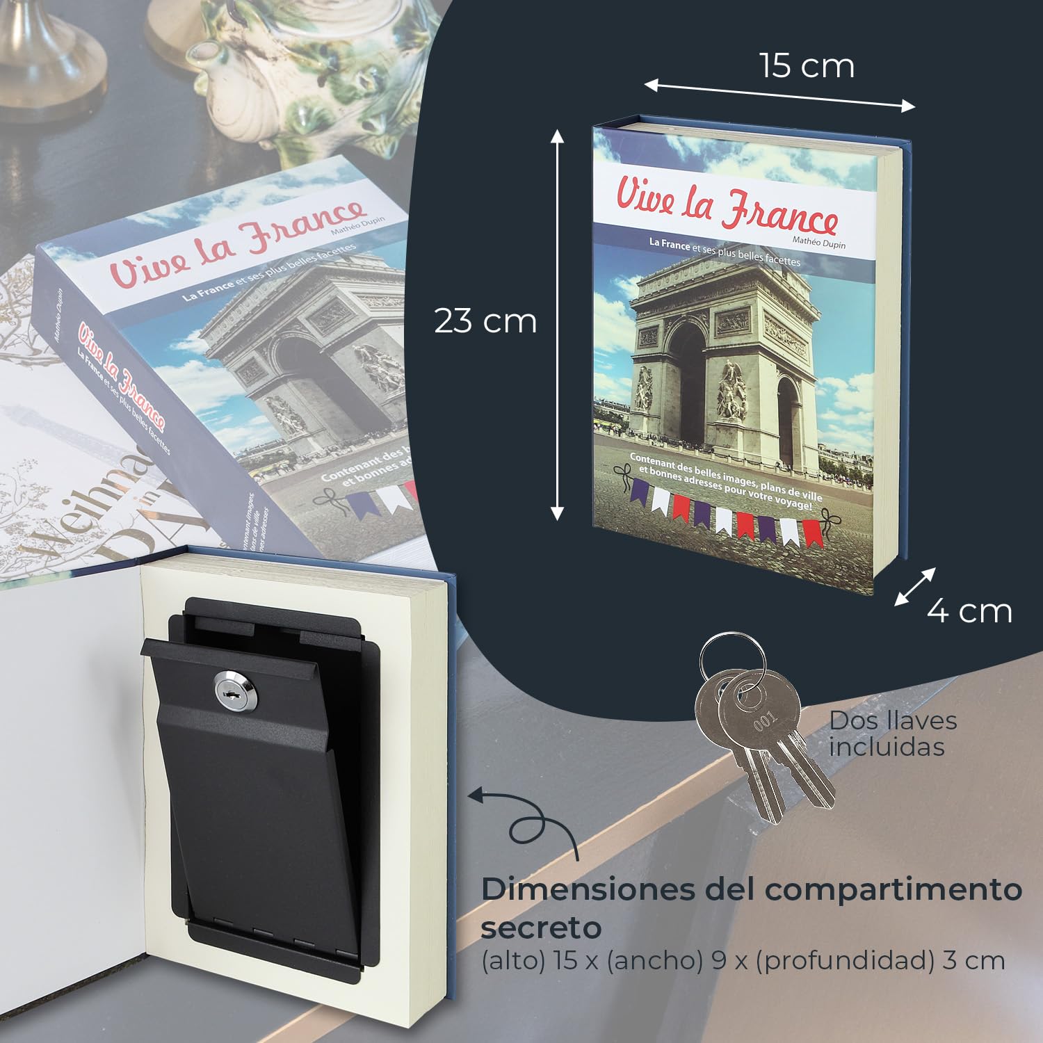 HMF 80925 caja fuerte en forma de libro, caja de caudales camuflada, páginas de papel auténticas, "Vive la France", 23 × 15 × 4 cm, rotulación en francés