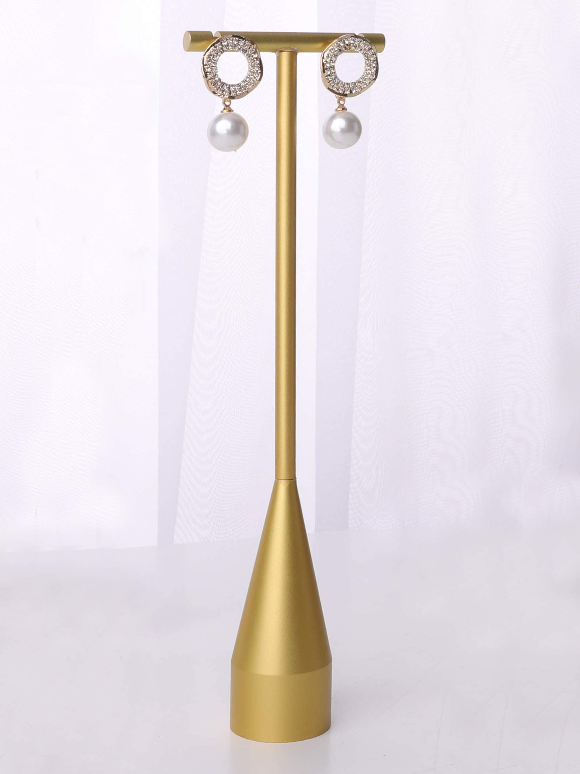 GemeShou Metal Dangle Tall Earring T Bar Stand Holder Bracelet Hangle Jewelry Display Short Necklace Organizer Tree for Show Retal Sale photography props【Gold-Cone Base Height 20cm】