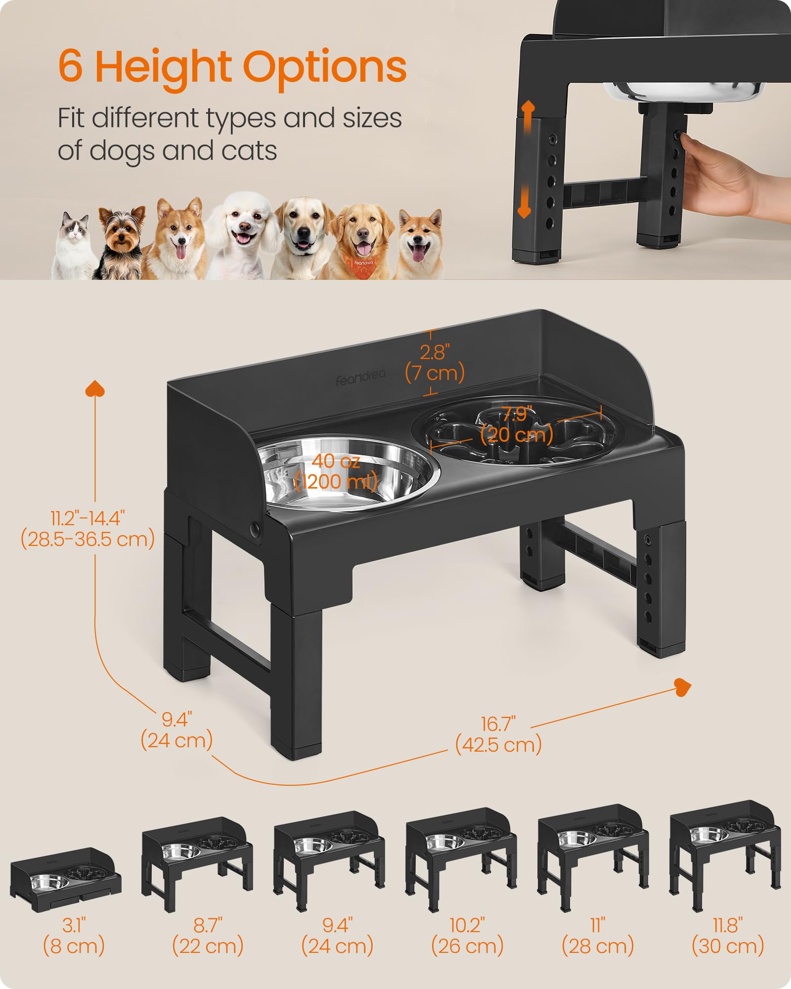 Feandrea Ciotole rialzate per cani con 1 alimentatore lento e due ciotole in acciaio inossidabile 304, altezza regolabile e design inclinato, colore nero inchiostro UPRB103B01