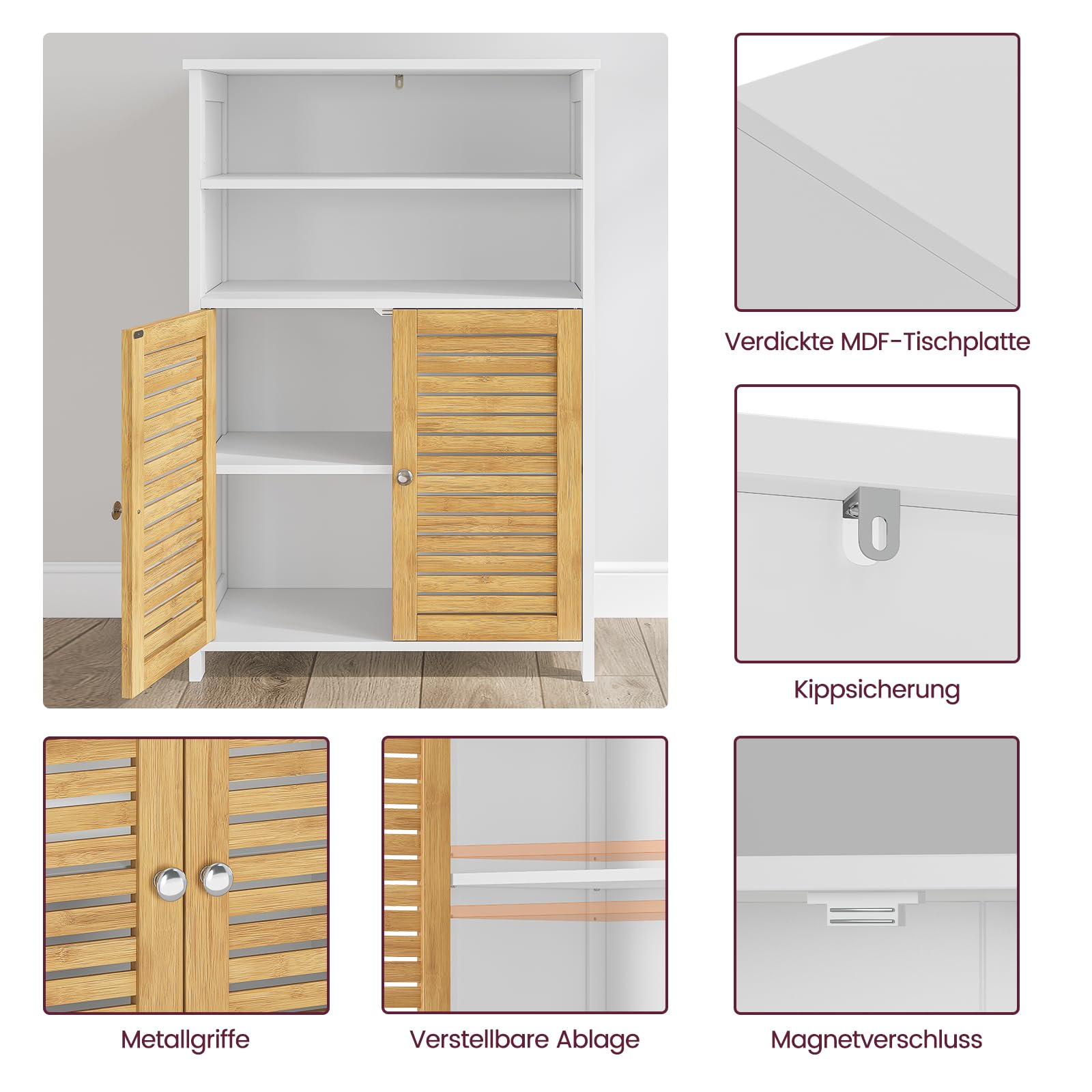 Meuble de Salle de Bain, Armoire de Rangement Cuisine avec 2 Compartiments Ouverts et 2 Portes en Bambou, Meuble de Rangement pour Salle à Manger, Cuisine, Salon, 60x30x100 cm