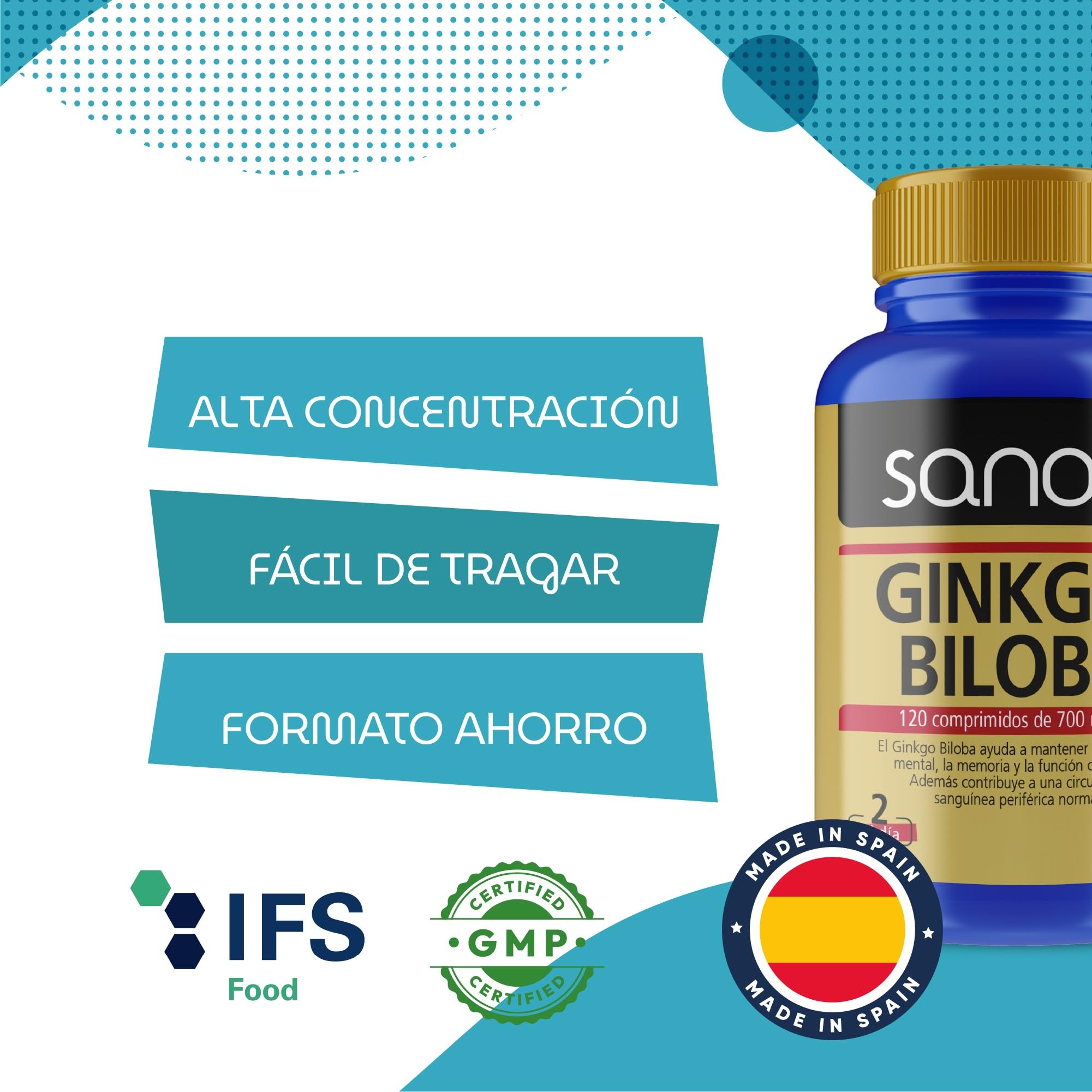 SANON Ginkgo Biloba - 120 Comprimidos de 700mg - Complejo Vitaminico Antioxidante - Ayuda a la Memoria, Circulación Sanguínea, Concentración y Cansancio Mental, Protector Capilar