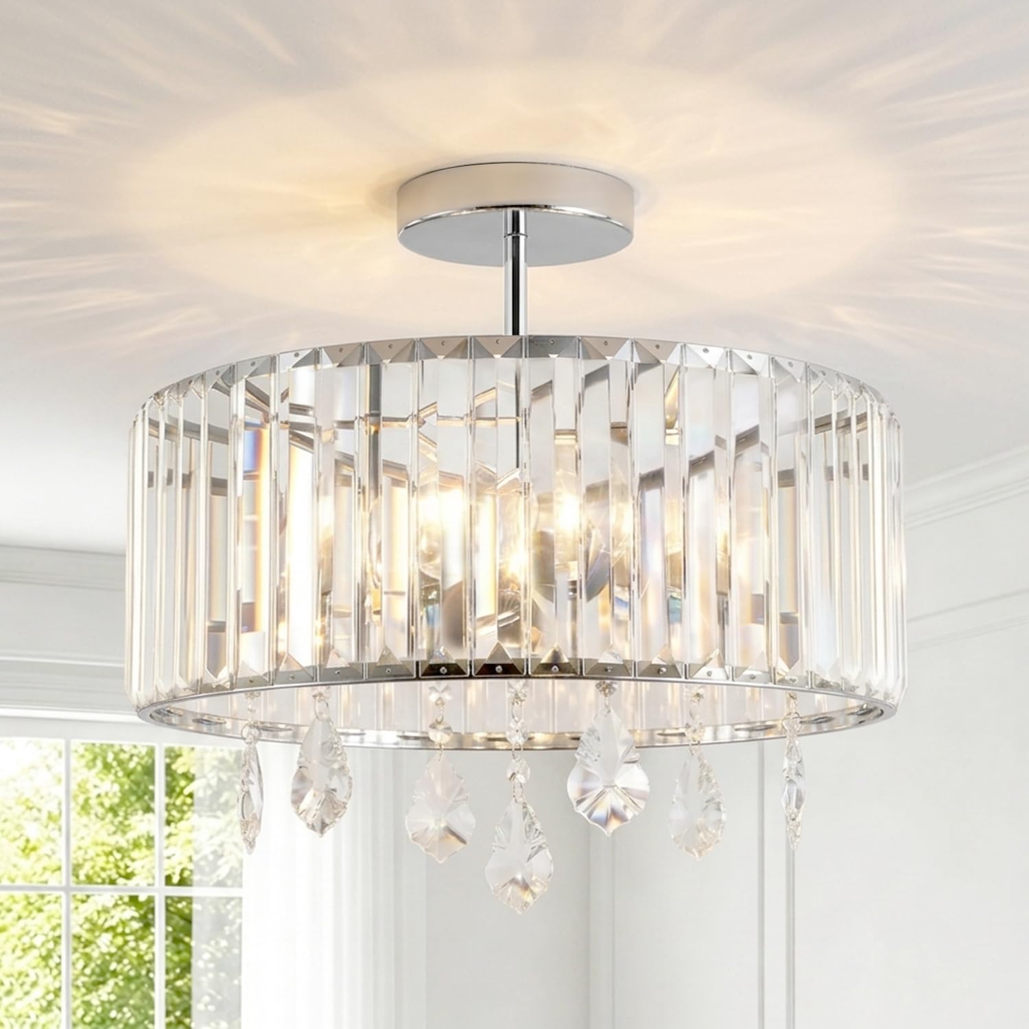 Anwio Silver-E27 Base Chandelier Lampshade,Silver Light Fitting, Kitchen Lights Ceiling,Ceiling Lights Living Room,E27 Light Shade Ceilings,Morden Crystal Bedroom Ceilings Lights(Diam 36.5Cm,3 Lamp Holder)