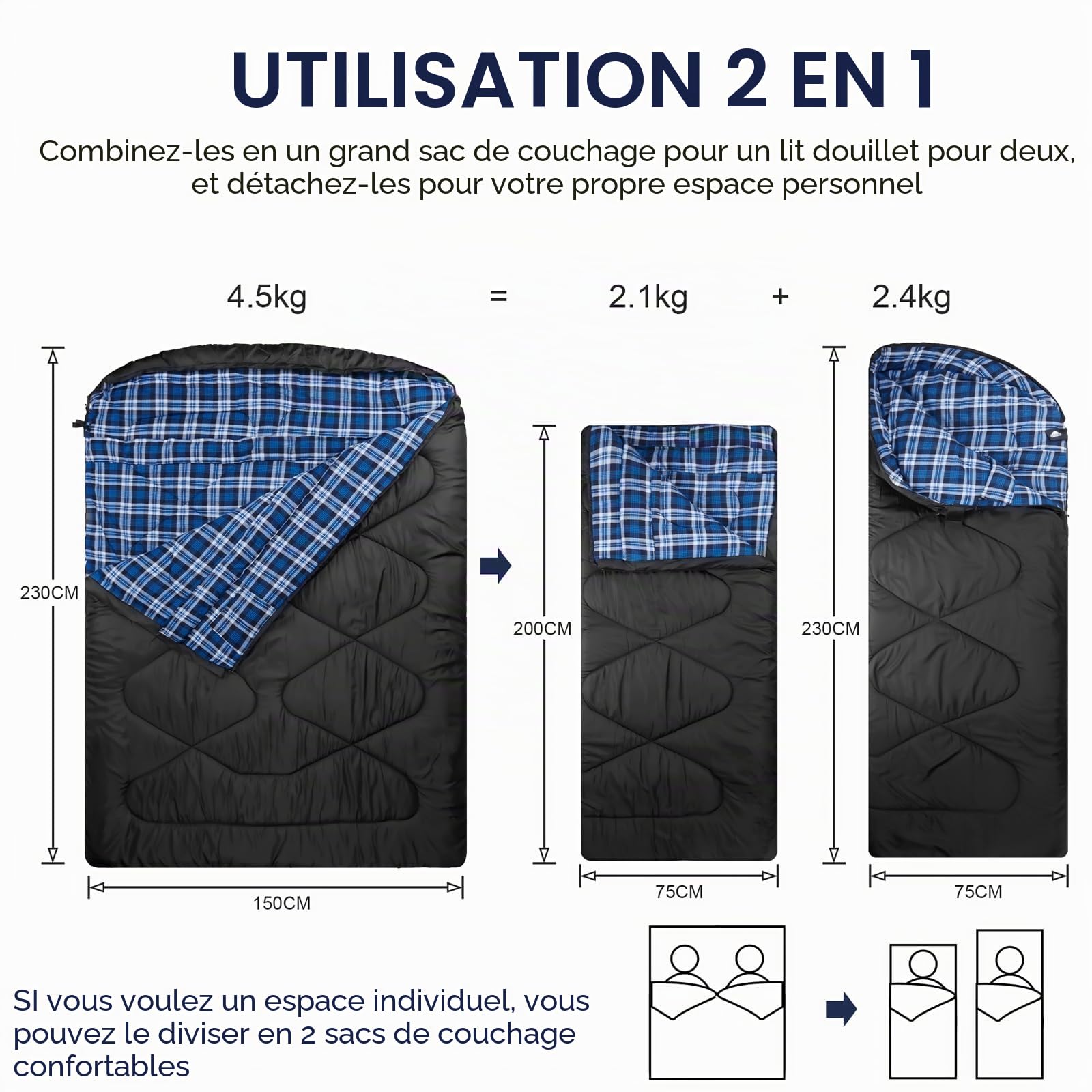 Sac de Couchage Double Adulte Flanelle Coton,2 Personnes Sac Couchage | Doublure 100% coton,Queen Size,déperlant Largepour couples ou famille camping Backpacking ou voyage,3-4 saisons temps froid