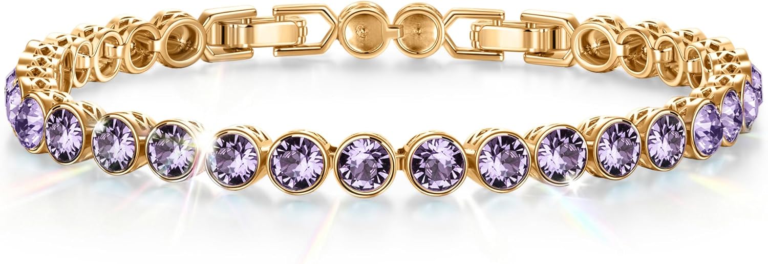 Birthstone Tennis Bracelet for Women – 14K Gold Plated Adjustable 6-7.5 Inch with Genuine Swarovski® Crystals, Hypoallergenic Handmade Jewelry Gift for Birthday, Wedding, Anniversary and Christmas