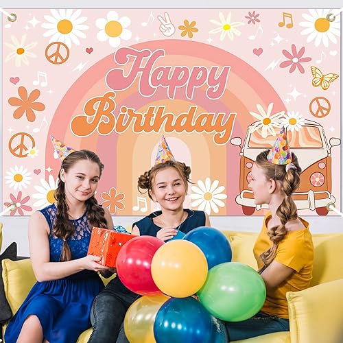 Miniatura 7 de Avezano Groovy - Cartel de cumpleaños para decoración de fiesta de cumpleaños retro hippie para niñas, margarita, bohemio, arco iris, fondo de