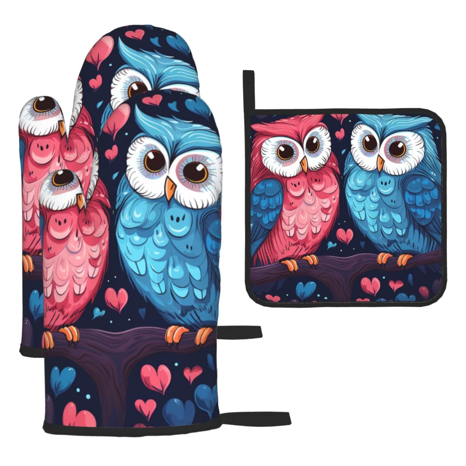 Cute Love Heart Owl Bird Printed Oven Mitts And Pot Holders Sets Oven Mitts Heat Resistant Oven Gloves For Cooking Baking Kitchen BBQ