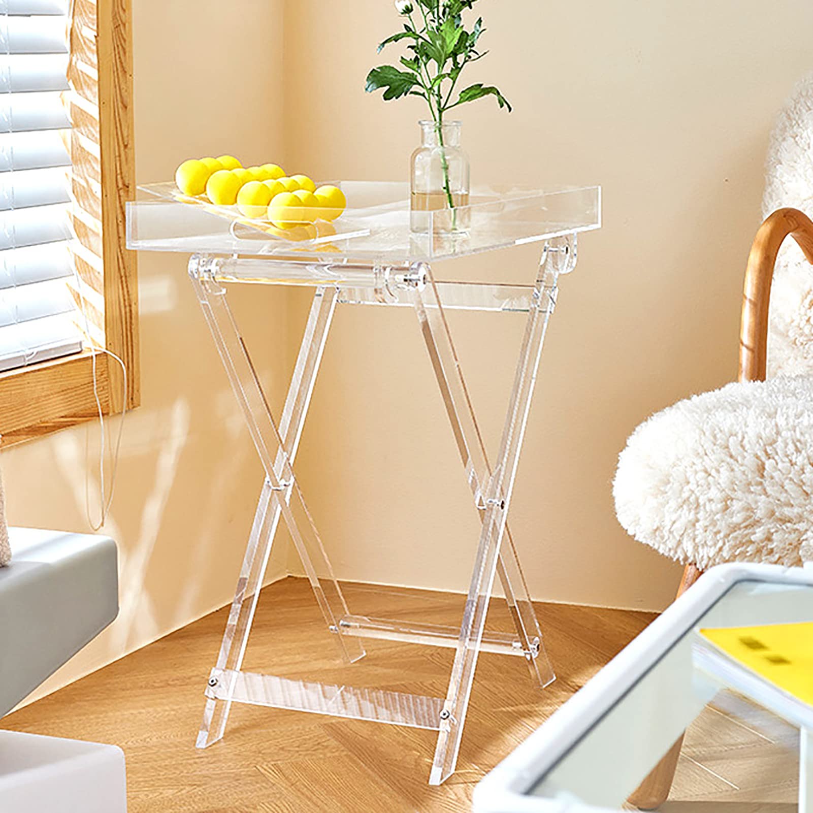BINNGY Transparent Acrylic Folding Small Table Side Table Simple Bedside Storage Rack Living Room Outdoor Tea Table