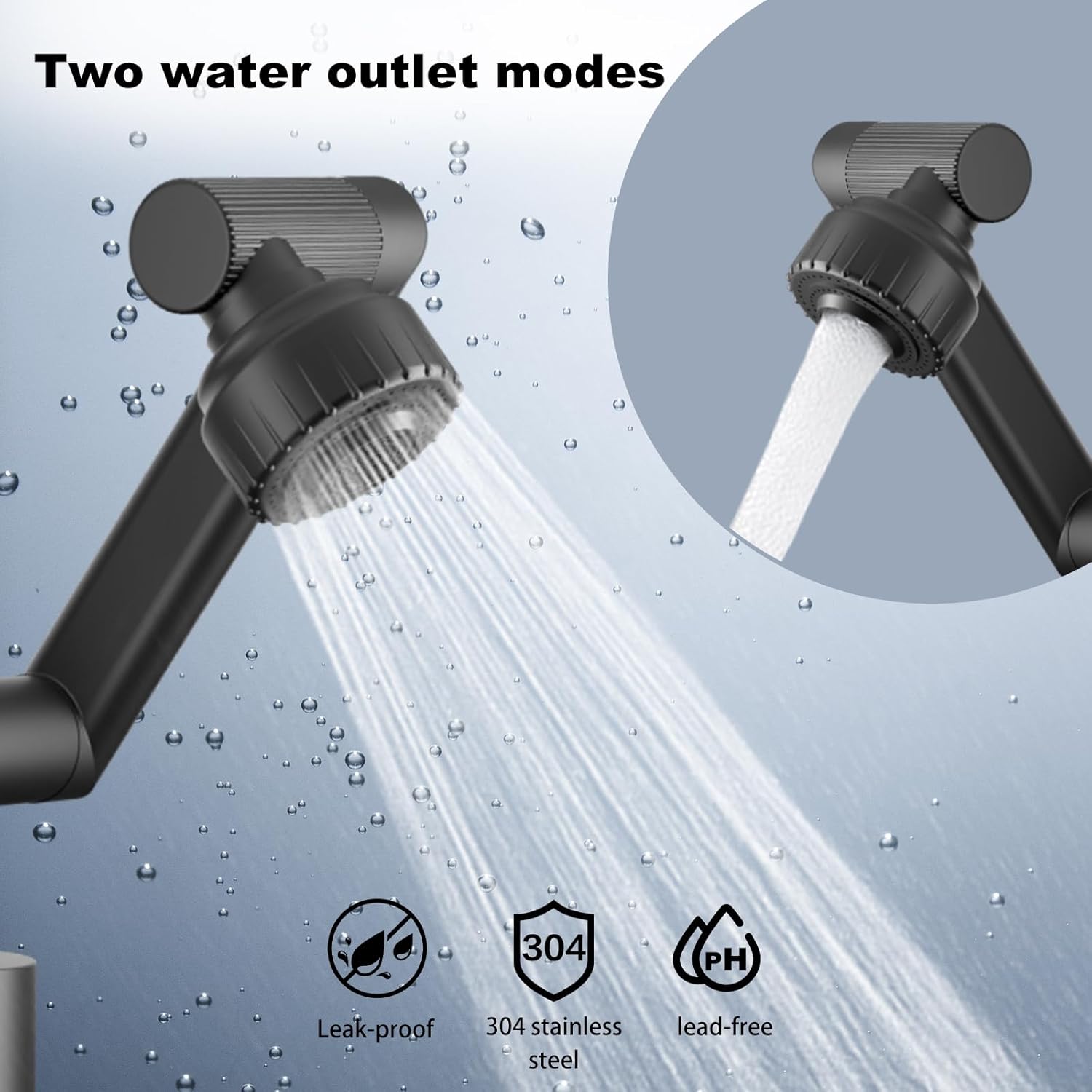 Black1080° Universal Rotatable Bathroom Faucet - Lead-Free Stainless Steel, Height Adjustable, Dual Spray Modes, Single/3-Hole Installation, for Bathroom Sink -Grifo de baño giratorio 1080 grados
