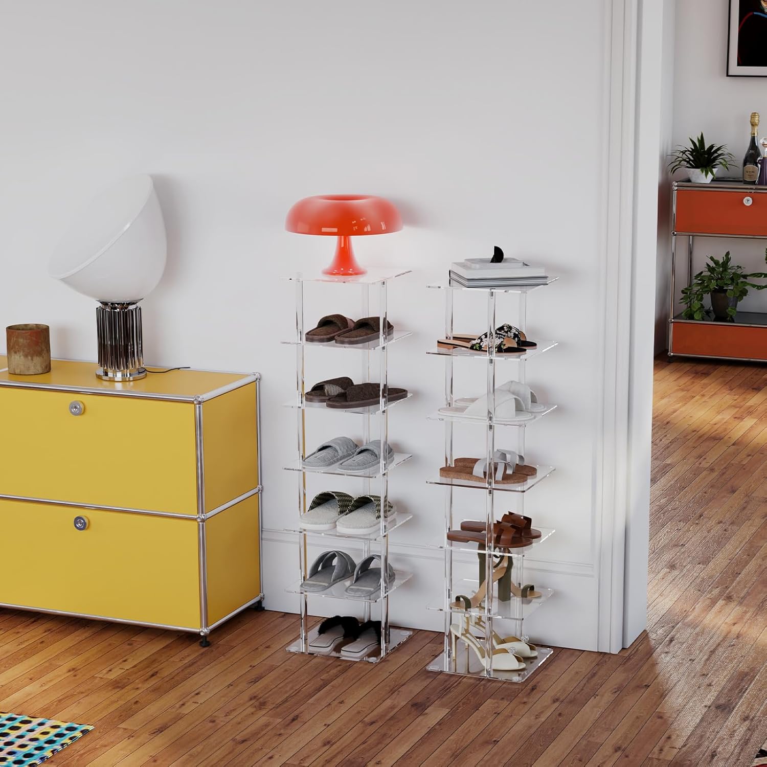 Aquiver Acrylic Vertical Shoe Rack - Free Standing Shoe Rack 7 Tier Shoe Storage Organizer Narrow Shoe Rack for Small Spaces, Entryways, Living Rooms, Bedrooms, 11'' L x 11'' W x 41.7'' H