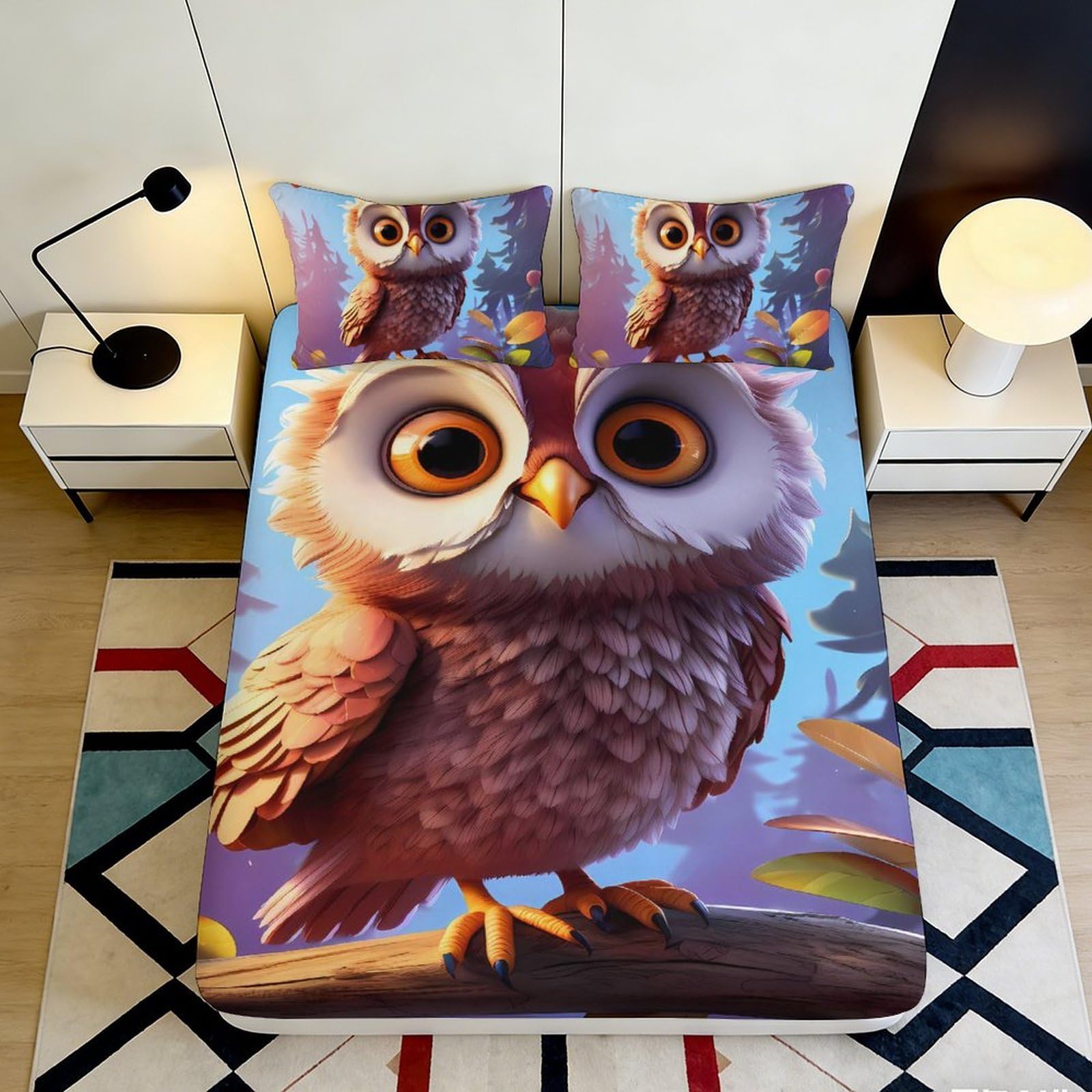 Pnayamiorkfel Style-7 3D Printed Cute Owl Fitted Sheet Microfiber Cartoon Animal Bed Cover For Bedroom Dorm Mattress Protection Decor 90X200x25cm
