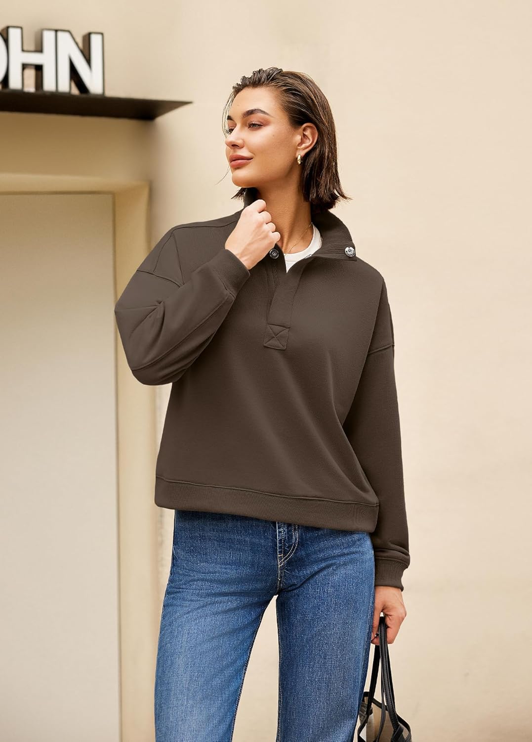 Nirovien Womens Henely Oversized Sweatshirts Stand Collar Cropped Sweatshirt Long Sleeve Quarter Button Pullover - Image 3
