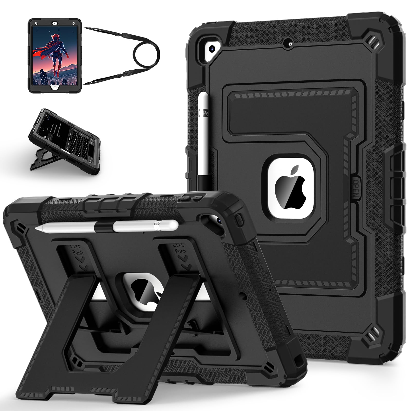 for iPad 9th/ 8th/ 7th Generation Case 10.2 Inch iPad Case 9th Generation with Pencil Holder,Heavy Duty Shockproof Cover for i Pad 10.2 Cases 2021/2020/ 2019,Black